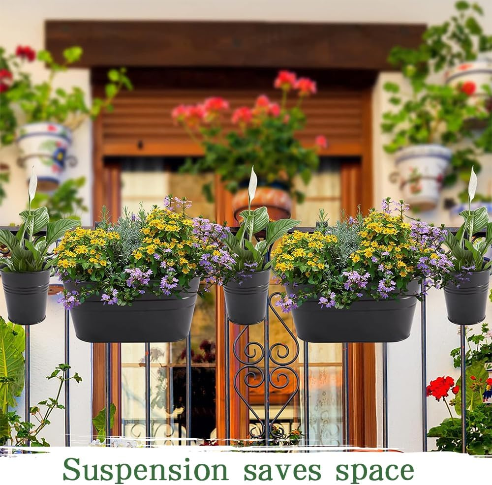 10 Pack Metal Iron Hanging Flower Pots,Oval Hanging Flower Pot,Removable Double Hooks,Balcony Hanging Flower Pots,For Porch,Railing,Balcony,Fence(Black)