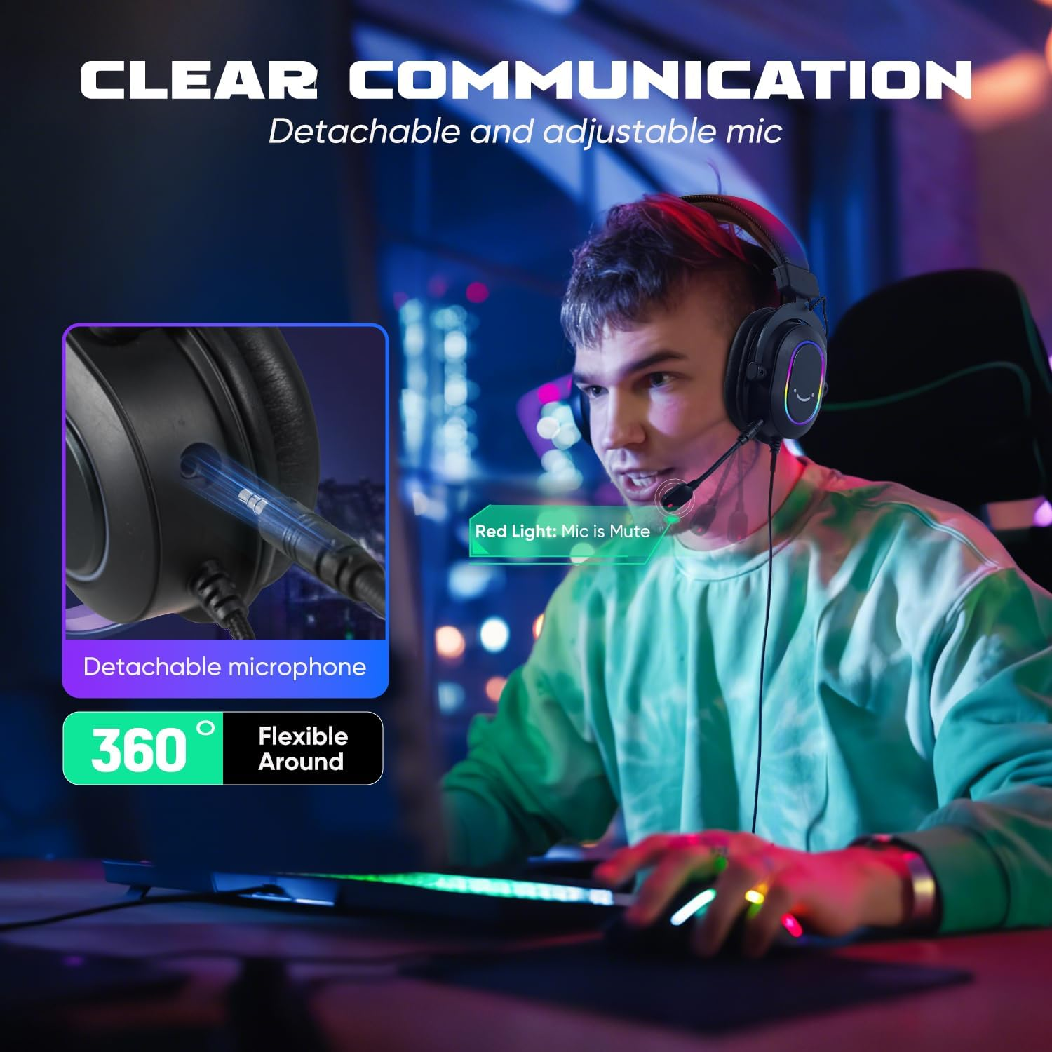 FIFINE Gaming Headset with Microphone, over Ear Headphones with Cable, USB Headset for PC PS4 PS5, RGB Headphone with 3 EQ Modes, Surround Sound and Ear Pads image number 5