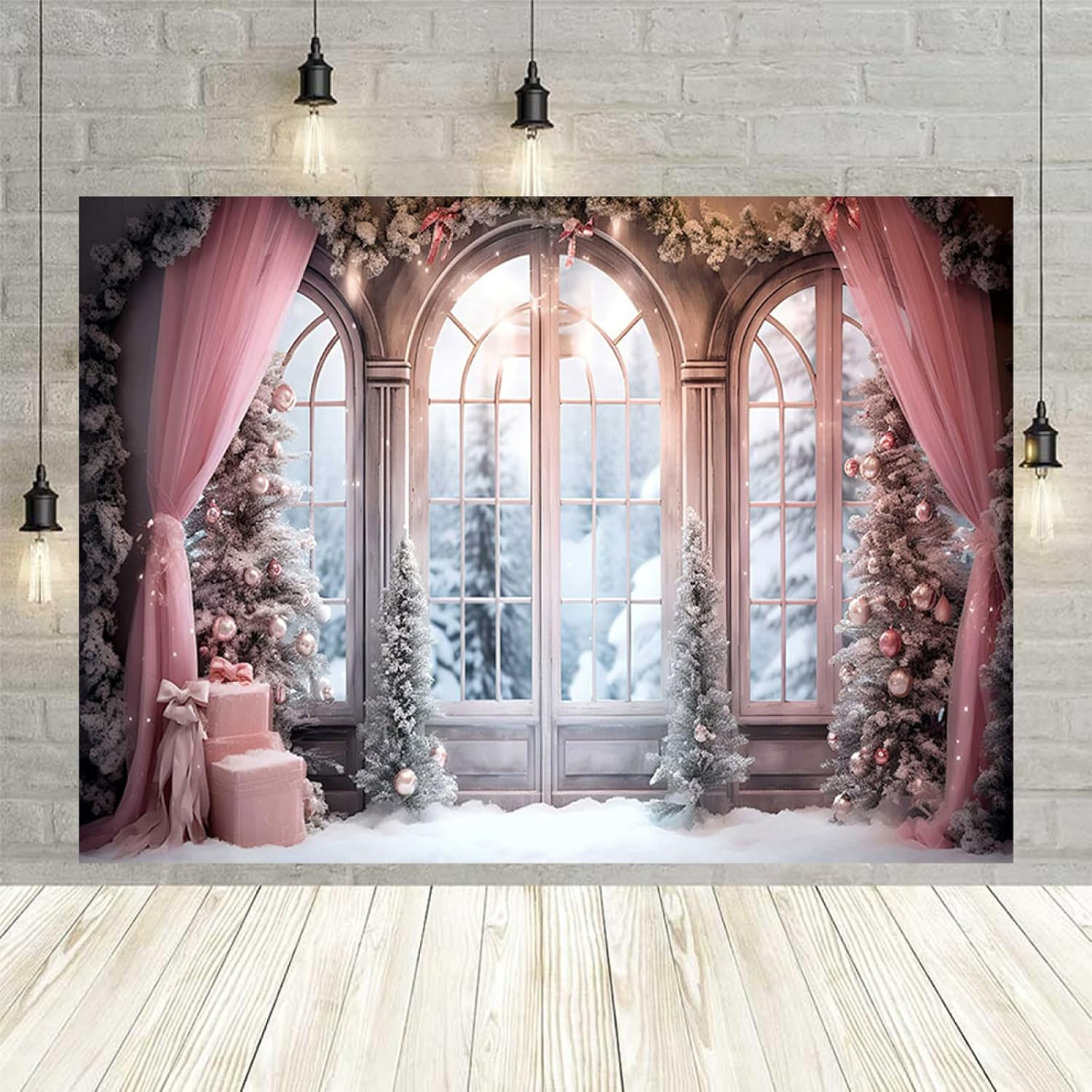 Pink Curtain Winter Xmas Photo Background Christmas Winter Snow Forest Window Photography Background Family Holiday Party Decorations Baby Shower 1St Birthday Backdrop,7X5Ft image number 3