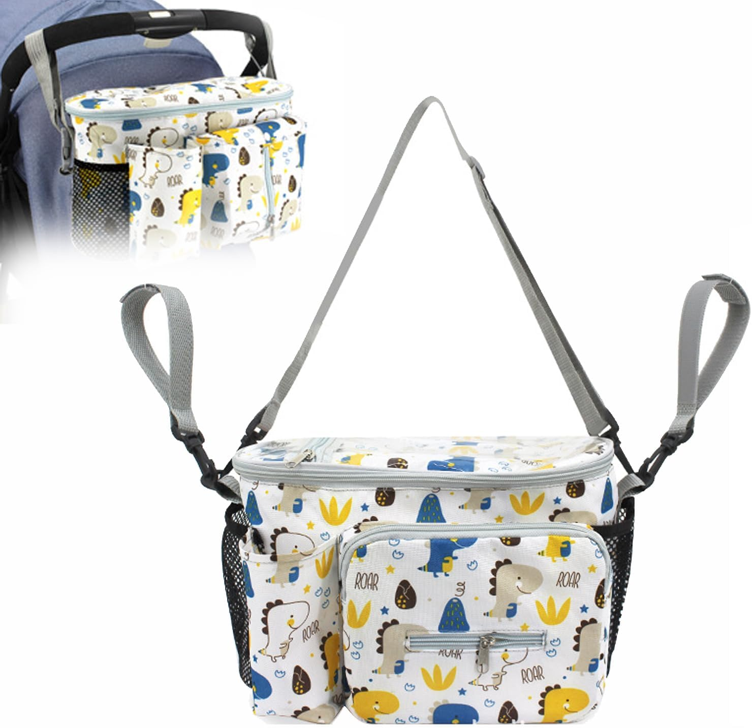 Baby Stroller Hanging Organiser Bag 12.2X7.8X5.9In Large Capacity Universal Waterproof Multi Pocket Diaper Storage with Tissue Dispenser Compact Design Universal Fit for Prams & Buggie(Dinosaur)