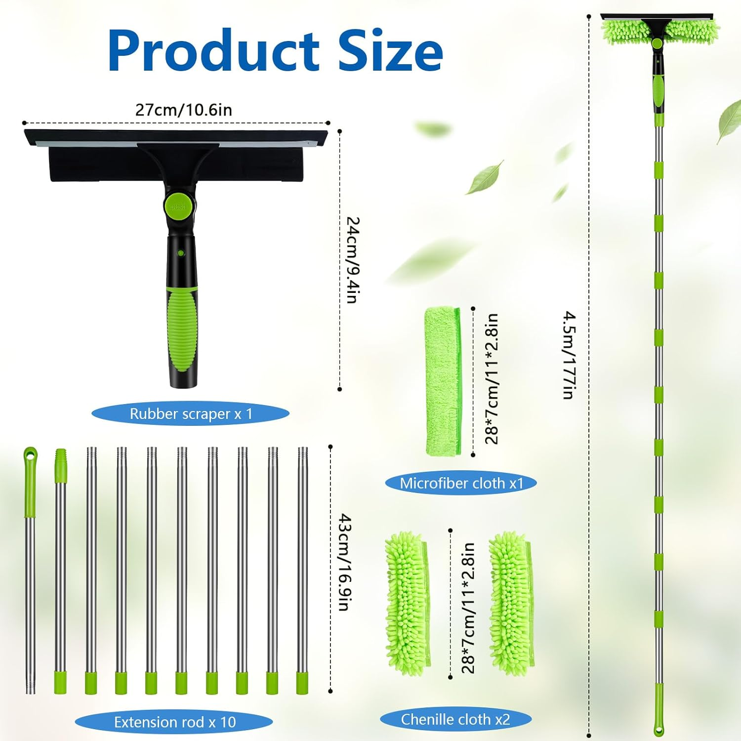 4.0M Telescopic Window Cleaning Poles Kit, Extendable Window Cleaner with Squeegee, 3 Microfibre Cloths, Long Reach Window Cleaning Equipment for Indoor & Outdoor High Windows, Cars, Walls (Green) image number 1