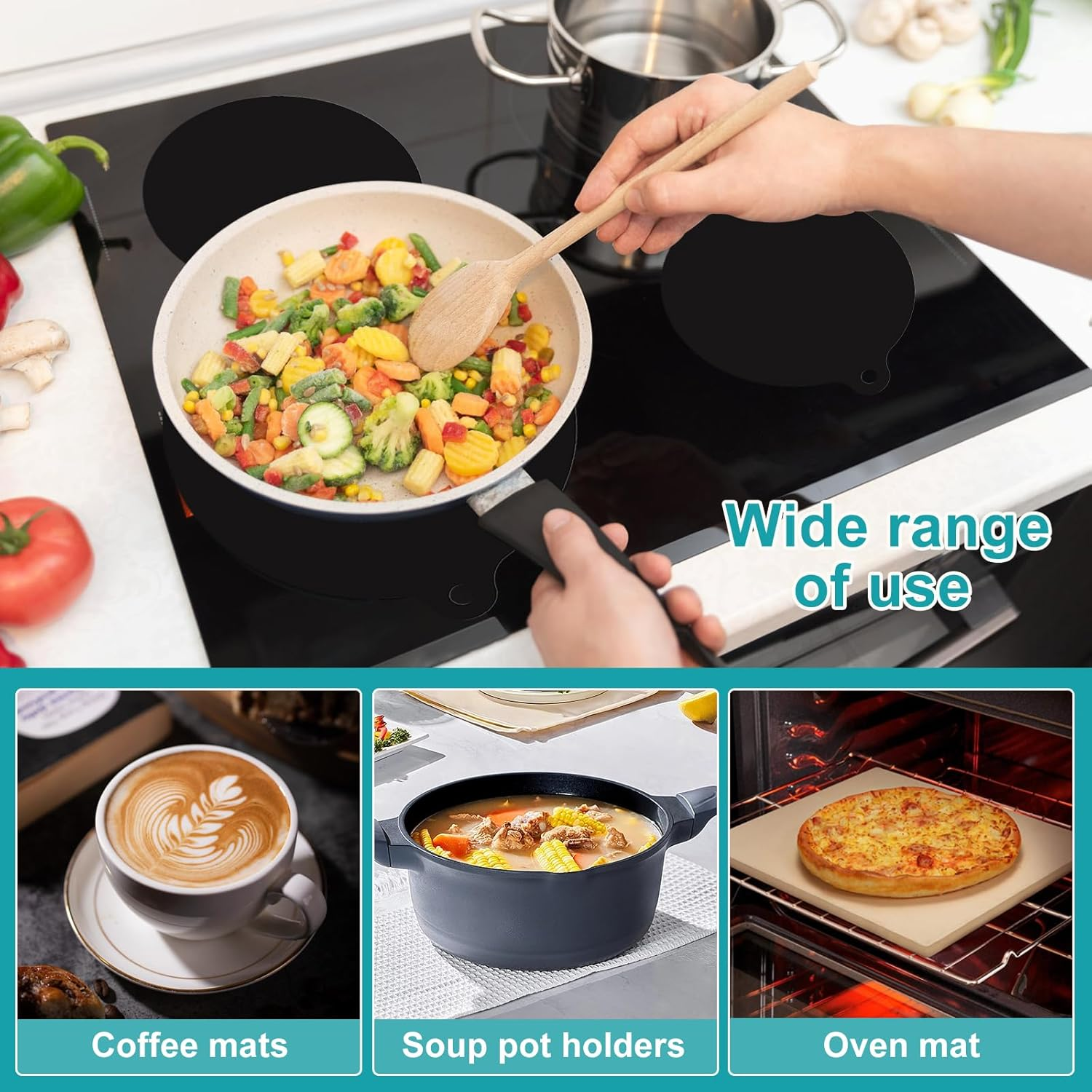 4 Black Silicone Mats for Induction Cookers, Induction Cooker Protective Non-Slip round Silicone Mats, Induction Floor Mat, Heat Resistant