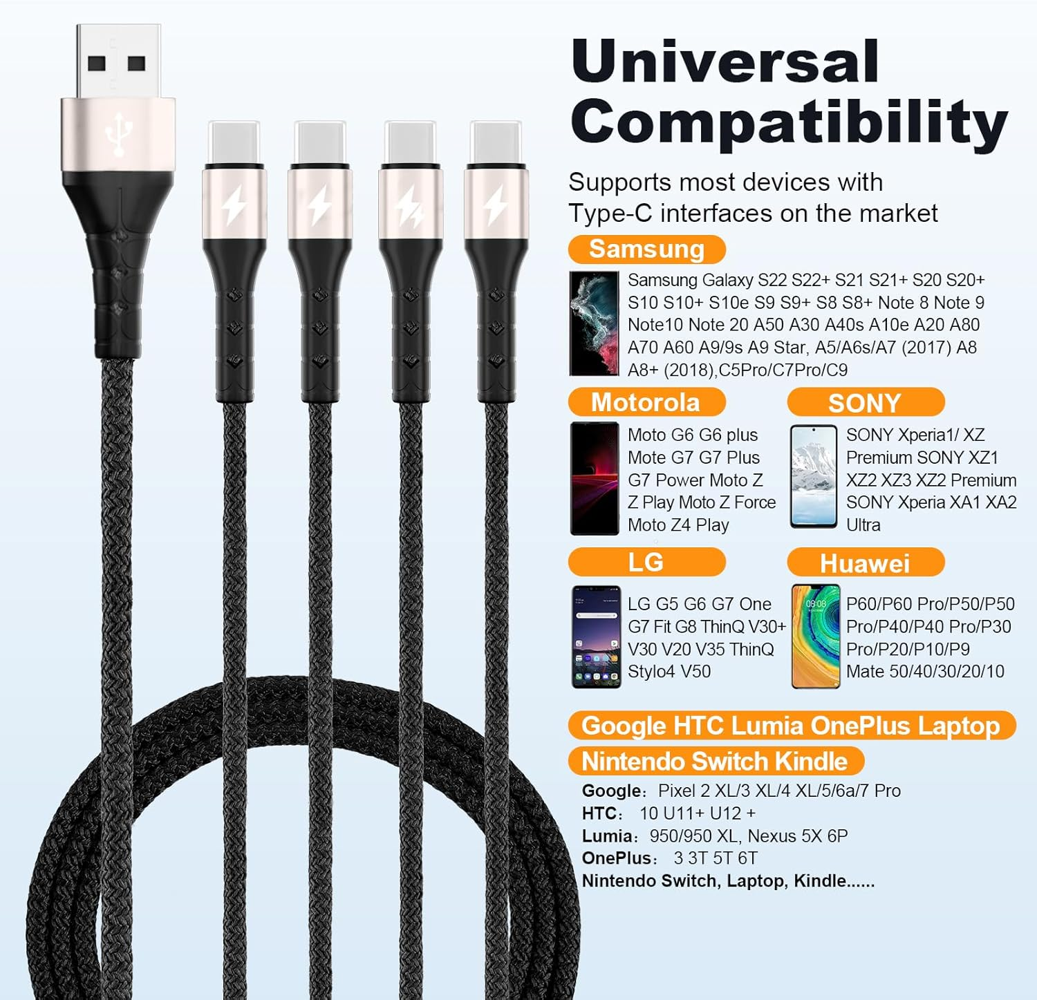 SIQIWO Multi USB C Cable Fast Charging, [1.2M/QC 3.0/3A] USB C Splitter Cable, 4 in 1 Charger Cord with 4 Type C Ports, for Iphone 17/16/15 Series, Ipad Air/Pro, Samsung Galaxy S25, Pixel, Sony, PS5