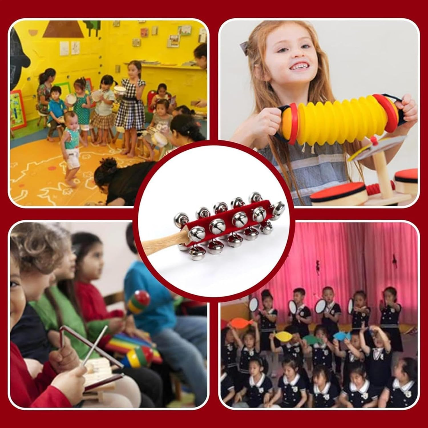 Hand Jingle Bells - Children Wooden Hand Instrument Jingle Bell - Wooden Handle Sleigh Bell Christmas Stick Jingle Shaker Rattles Percussion Musical Bell Instruments Red image number 2