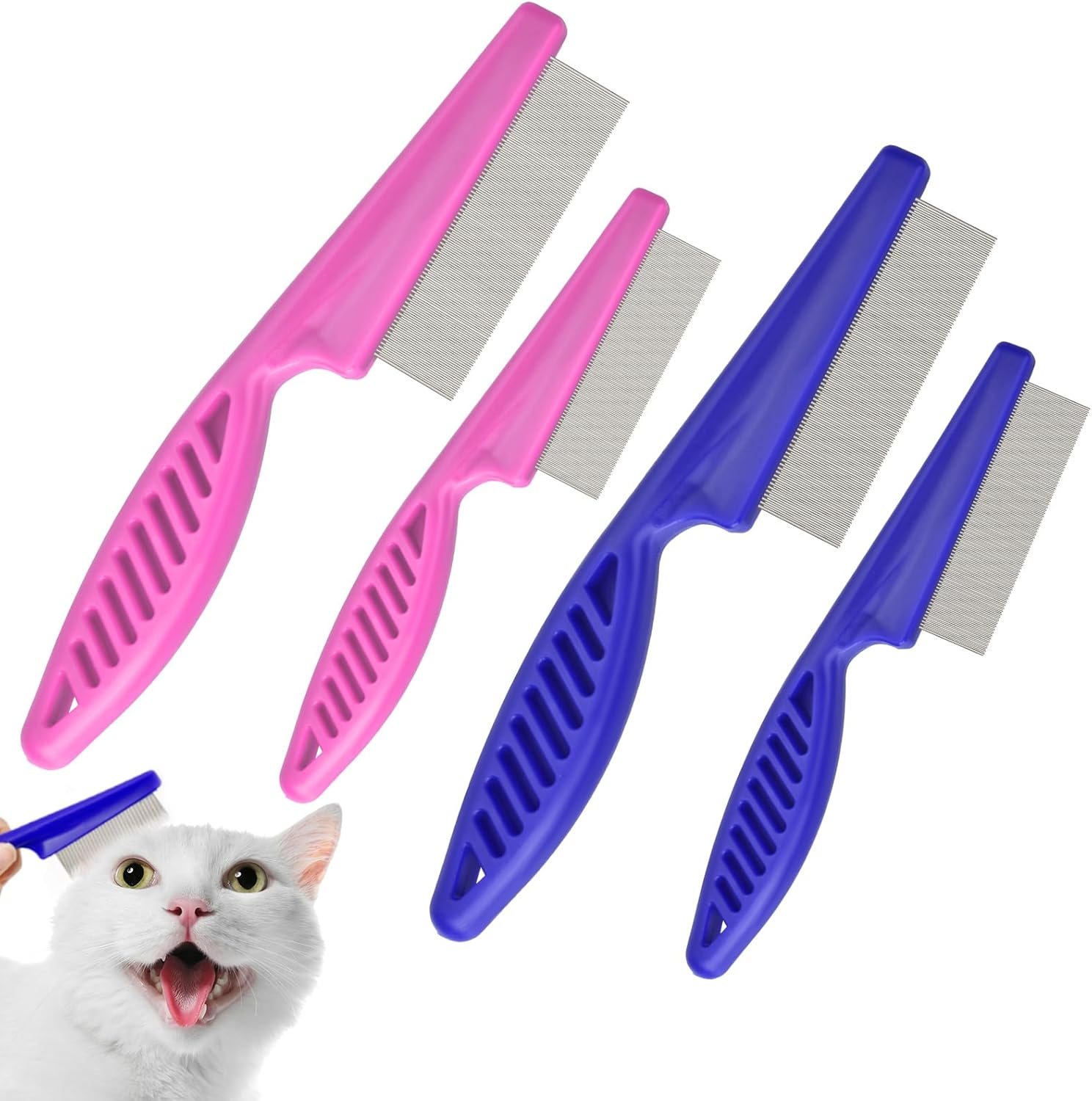 6 Pieces Stainless Steel Teeth Pet Lice Comb Set,Flea Comb for Cats & Dogs,Pet Grooming Comb for Pets Gently Removing Knots and Lice, Flea Comb for Small & Medium Pets(Blue,Pink) (Blue)
