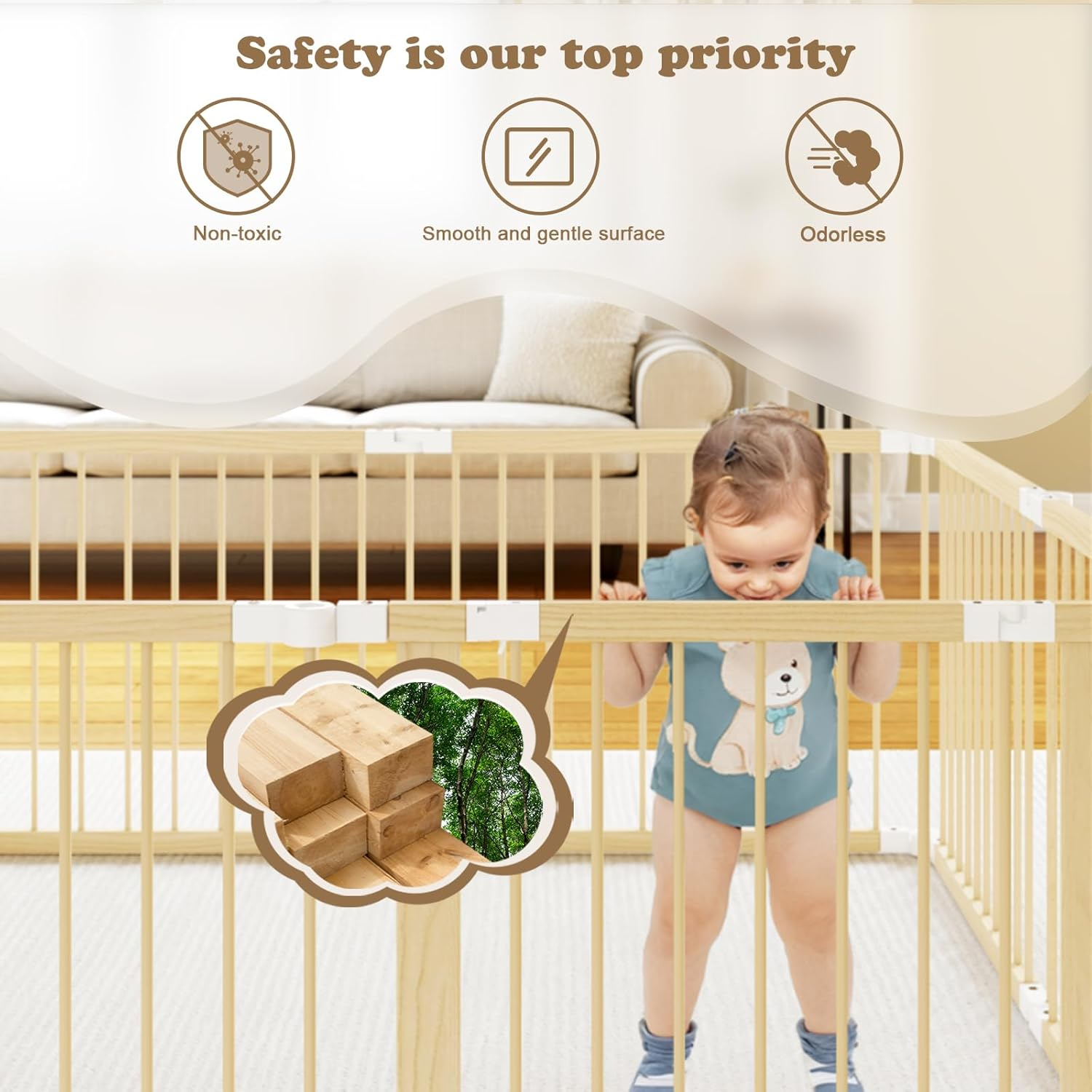 Folding Wooden Baby Playpen, Large Size Adjustable Baby Playard for Babies and Toddlers with Safety Gate, Play Fence for Indoor or Outdoor image number 5