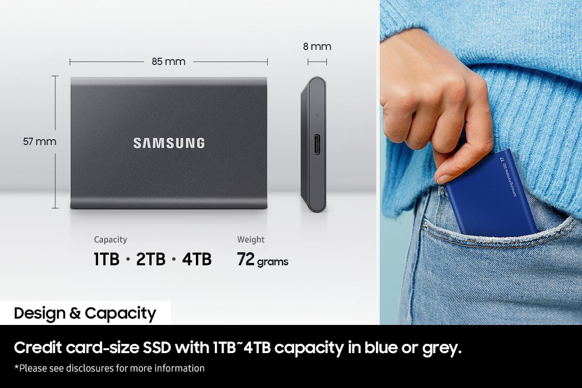 Samsung Portable SSD T7, 1TB, Indigo Blue, USB3.2, Type-C, R/W(Max) 1,050Mb/S, Aluminium Case