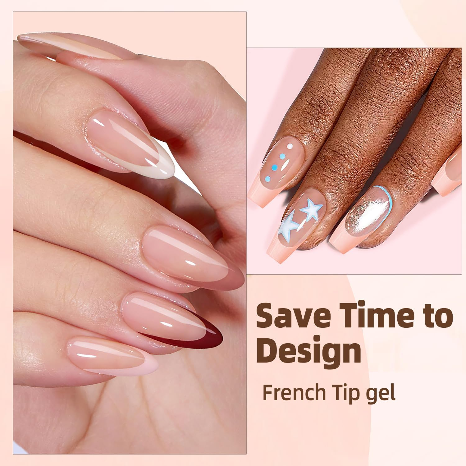 CHANGAR French Gel Nail Tips 150 Pieces Short Almond Shape French Press on Tips with Pre Applied Base Coat and Base Coat No Files Needed (Rainbow - Almond)