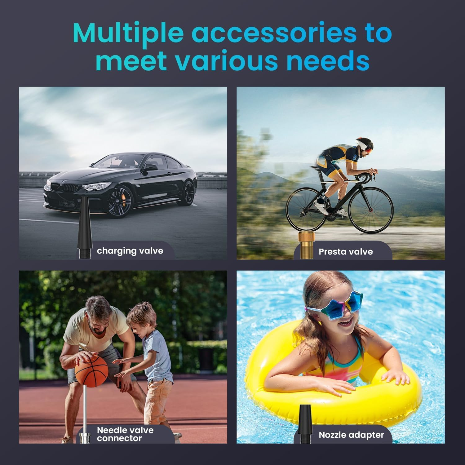 WEKUBA Portable Air Pump, 150PSI Electric Bike Pump, 4000Mah Battery Capacity, with Rechargeable Battery Function,Led Lighting, for Car, Bicycle, Motorcycle, and Ball, Preset 4 Inflating Modes image number 2