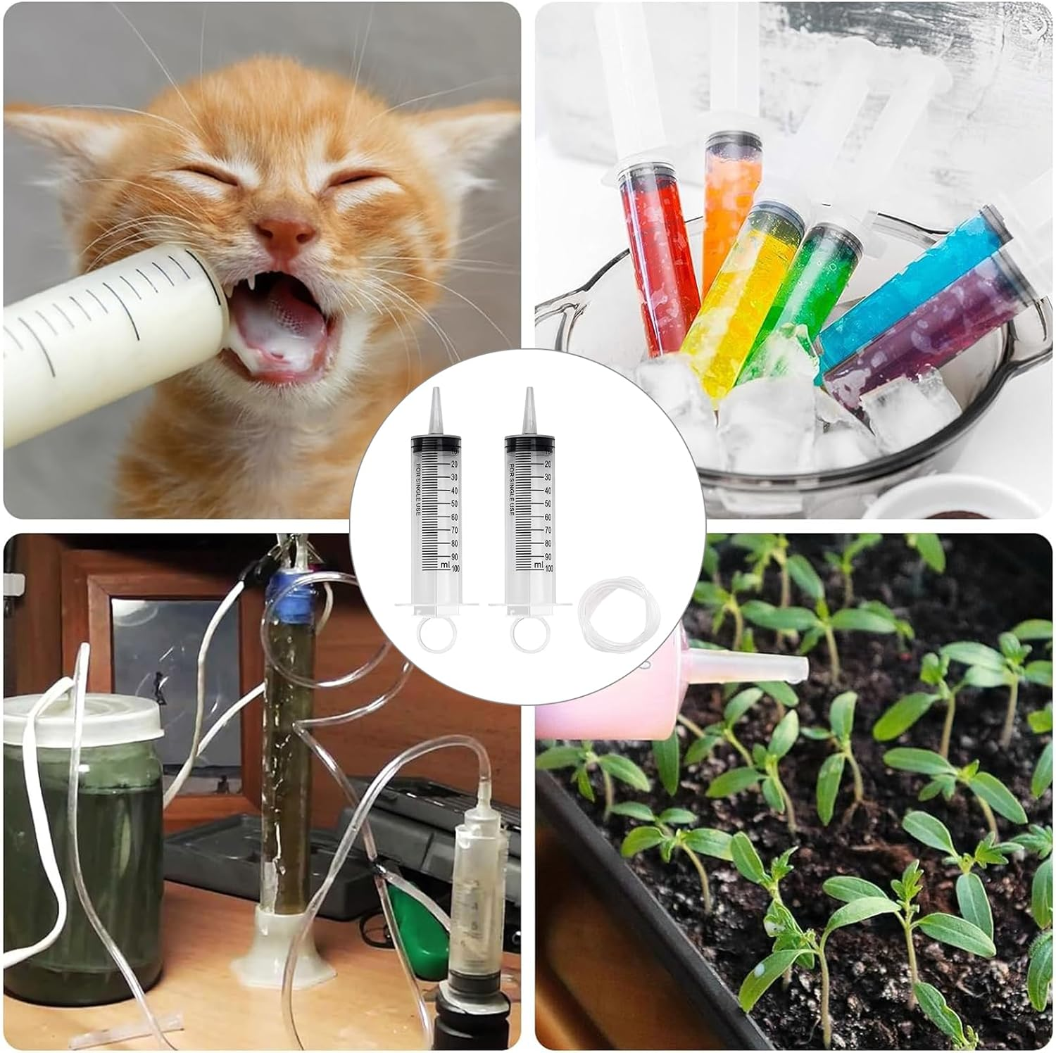 Large Syringe 100ML Plastic Syringes with Tubing Reusable Measuring Syringe Sterile and Individual Sealed, Measurement for Scientific Labs,Garden Syringes for Liquid,Feed Pets,Oil Filtration (2PCS)