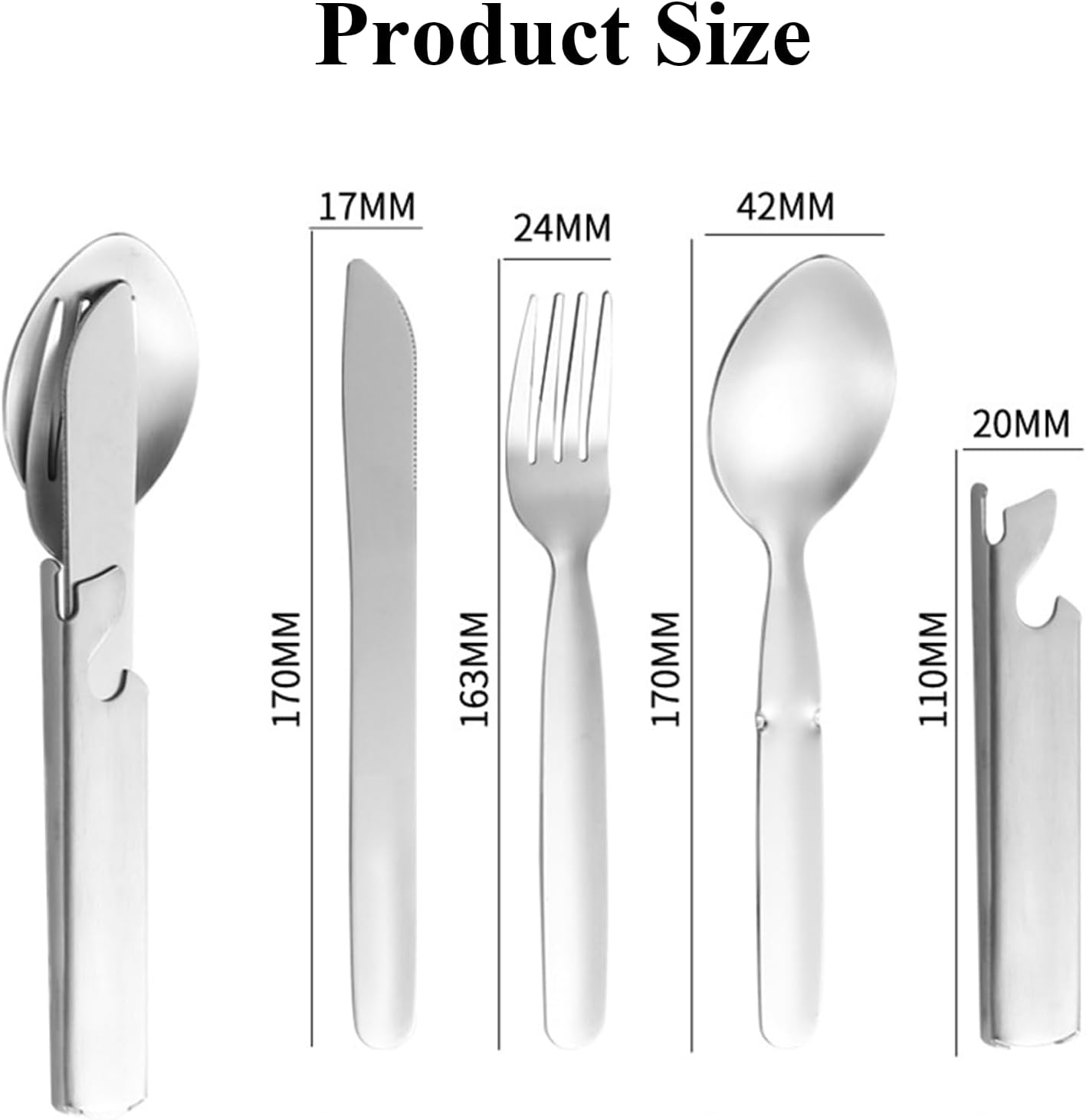 Rhoyee 4-In-1 Stainless Steel Camping Utensil Set &ndash; Portable Folding Knife, Fork, Spoon & Bottle Opener &ndash; Compact Travel Cutlery Kit for Hiking, Backpacking, Outdoor & Emergency Use image number 2