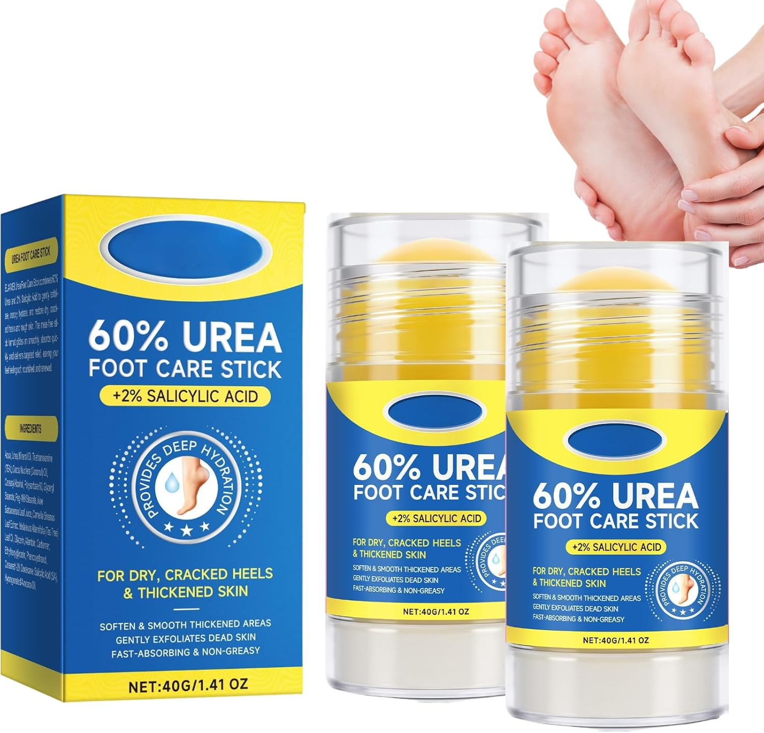 Urea Cream Stick 60% + 2% Salicylic Acid, Exfoliating & Moisturizing Foot Care Stick for Dry Cracked Feet, Hands, Knees & Elbows, Callus Remover & Skin Softener, Fast Absorbing Hydrating Balm (4Pcs)