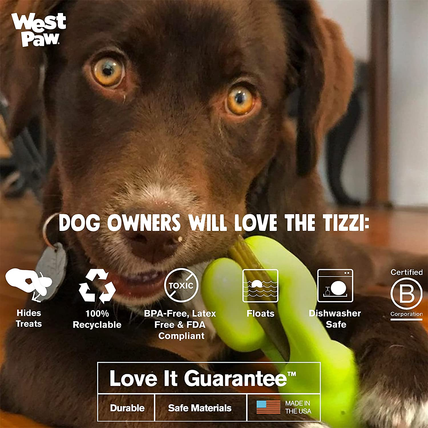 West Paw Zogoflex Tizzi Interactive Treat Dispensing Dog Fetch Play Toy, 100% Guaranteed Tough, It Floats!, Made in USA, 7-Inch Large, Aqua