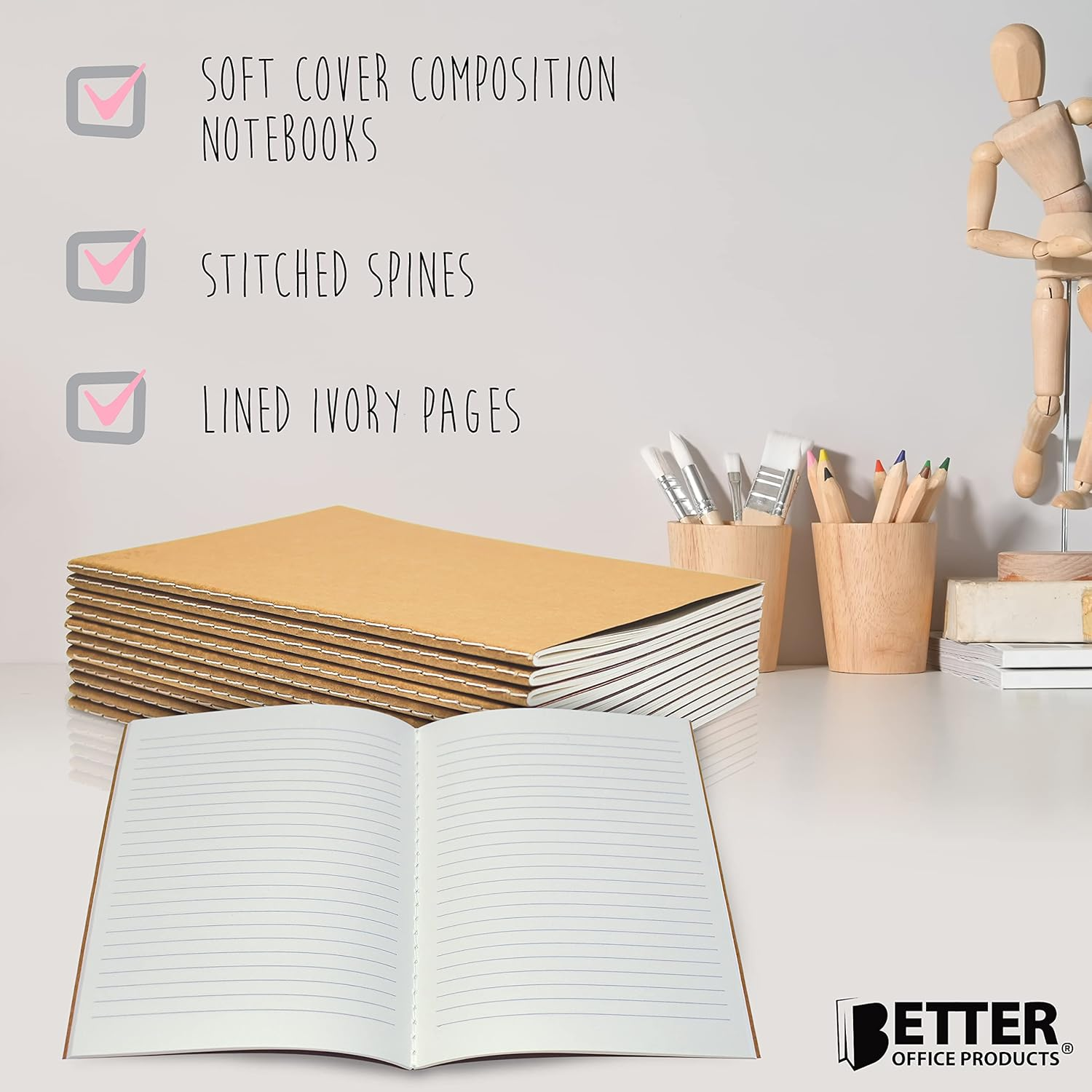 Better Office Products Kraft Notebooks Lined Paper, Bulk Pack 8.3 in X 5.5 In, A5 Size, 60 Lined Ivory Pages, 80 Gsm, Soft Cover Composition Notebooks, Stitched Spines, Kraft Travel Journals image number 4