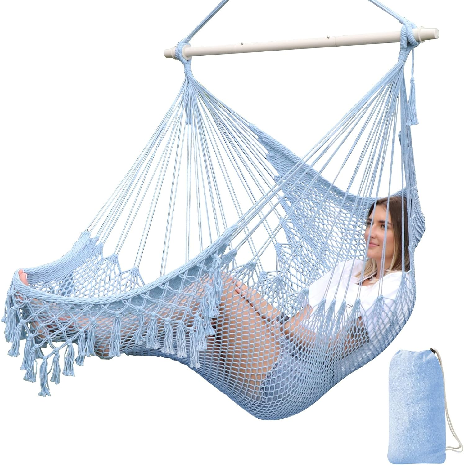 Chihee Hanging Chair Large Hammock Chair Soft Spun Cotton Rope Weave Chair Strong Metal Spreader Bar Wide Seat Lace Swing Chair Indoor Outdoor Garden Yard Theme Decoration