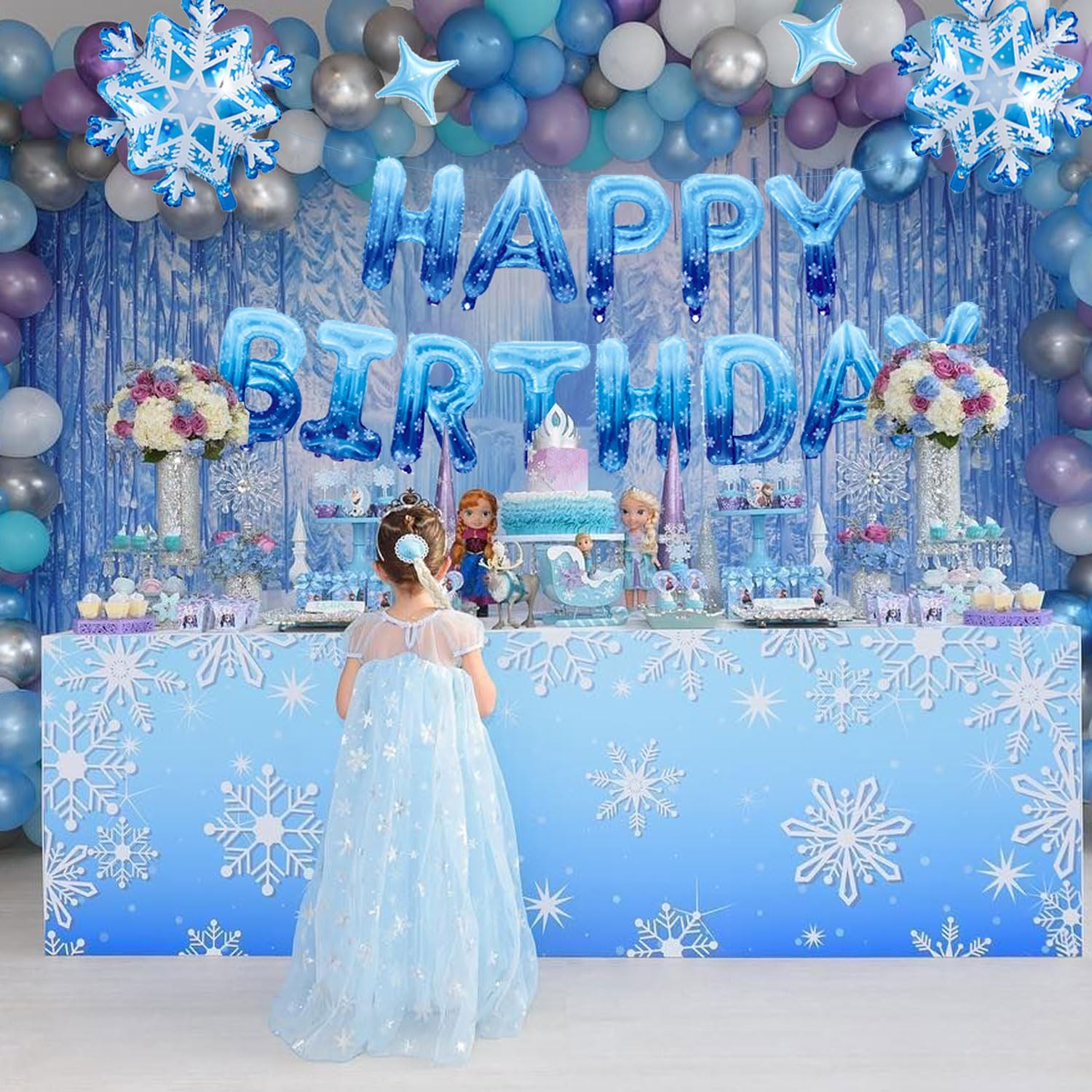 Blue Snowflake Happy Birthday Foil Balloon Banner Set for Winter Wonderland Birthday Party Decorations image number 2