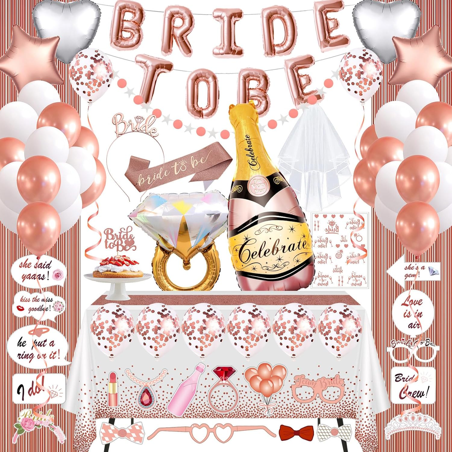 Bachelorette Hens Party Decorations, Rose Gold Bridal Shower Party Decor and Supplies Kit - Includes Glitter Bride Sash, Bride to Be Balloons, Tiara, Flash Tattoos, Fringe Curtains image number 6