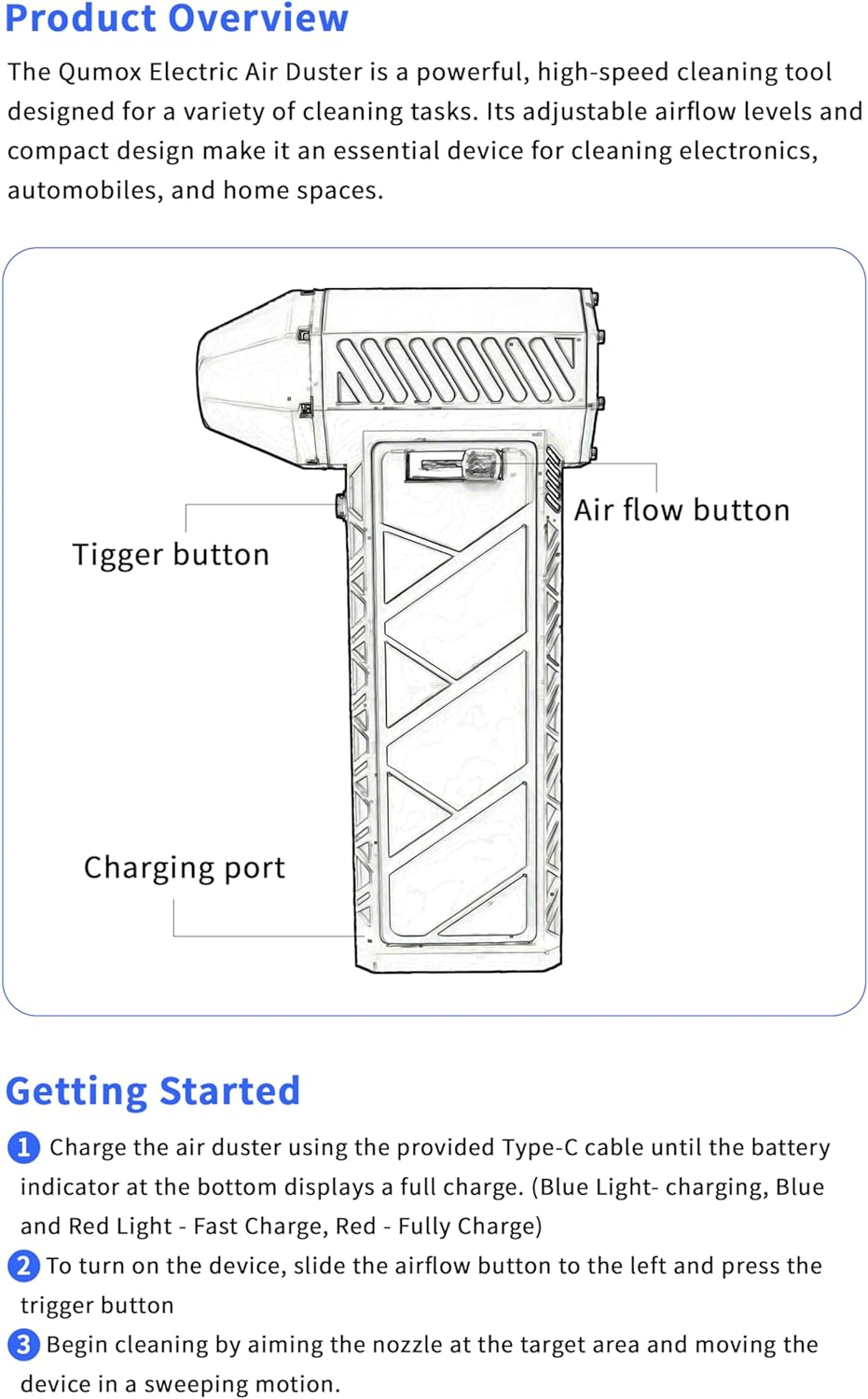 QUMOX Powerful Electric Air Duster - High-Speed 170000RPM, Adjustable Air Flow Levels, Replace Compressed Air Can Rechargeable Air Blower for Cleaning Computer Keyboards, Outdoor Use, Cars, and Home image number 1