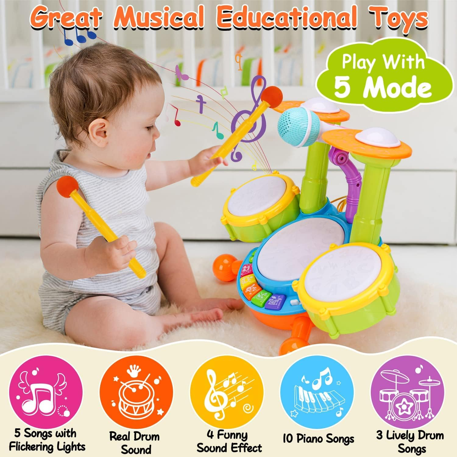 Toddler Drum Set 1-3 Years Rock and Roll Musical Instrument Toy with 3 Drums, 2 Cymbals, Microphone, 5 Modes, Lights & Volume Control image number 2