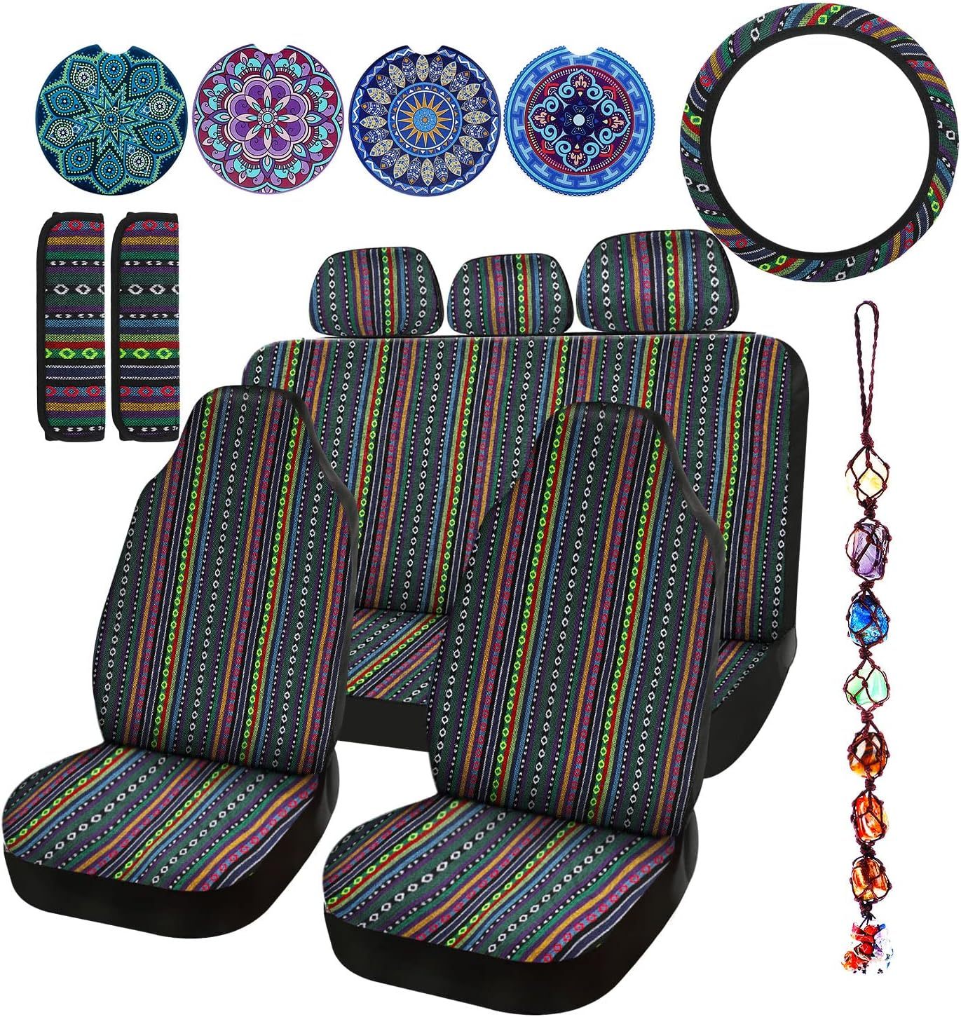 Frienda Baja Saddle Blanket Car Seat Covers Full Set Multicolor Stripe Boho Steering Wheel Cover Seat Belt Pads Crystal Hanging Ornament Automotive Interior Universal Fit Most Cars(Stylish Style) image number 5