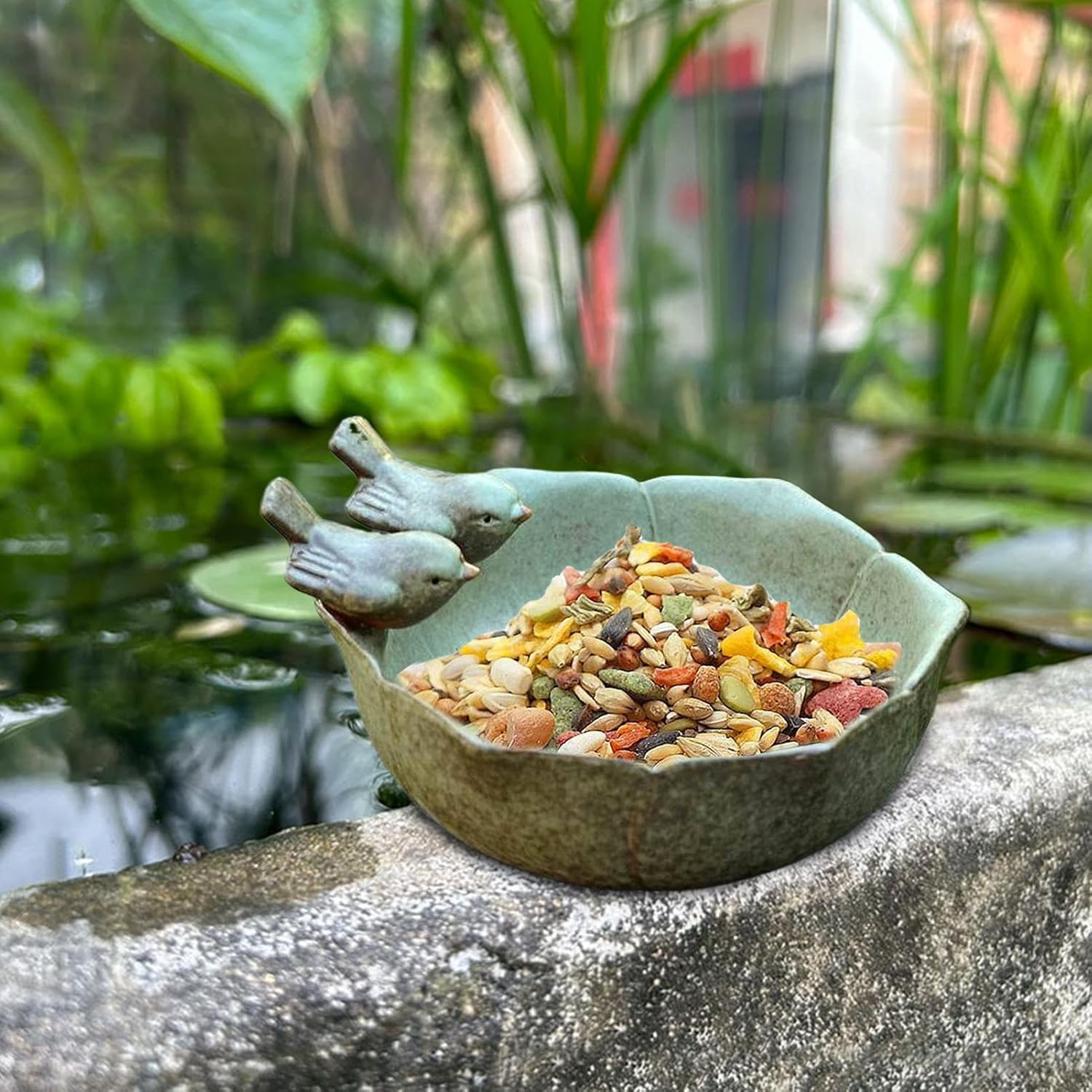 Ceramic Bird Bath - Garden Outdoors Bird Bath Feeder Bowl,Artistic Birdfeeder Tray Birdbaths Yard Decor for Hummingbirds Parrots Butterflies Squirrels - Holes Bird Pot image number 2