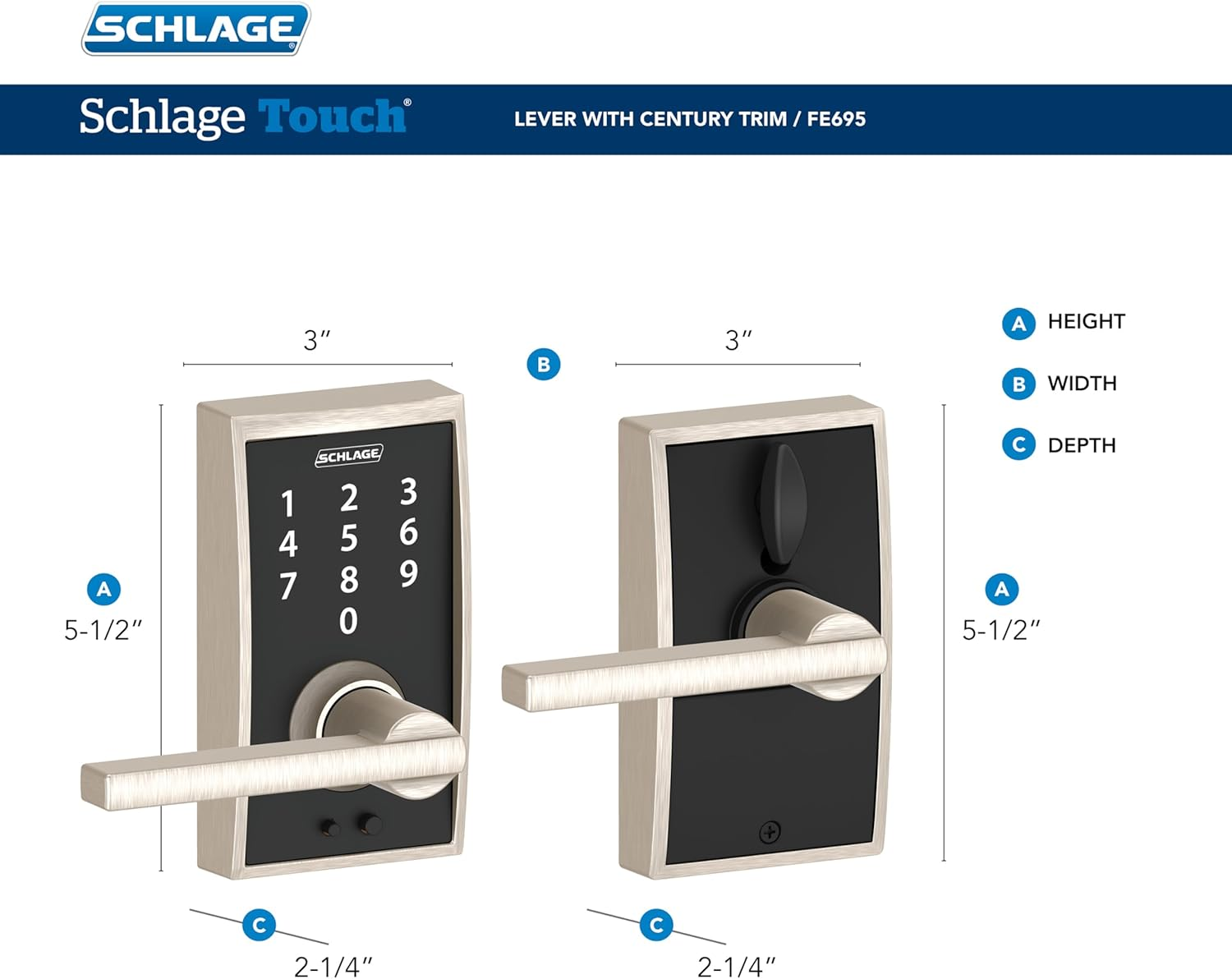 Schlage Touch&trade; FE695 Century Lock with Latitude Lever, Satin Nickel image number 3