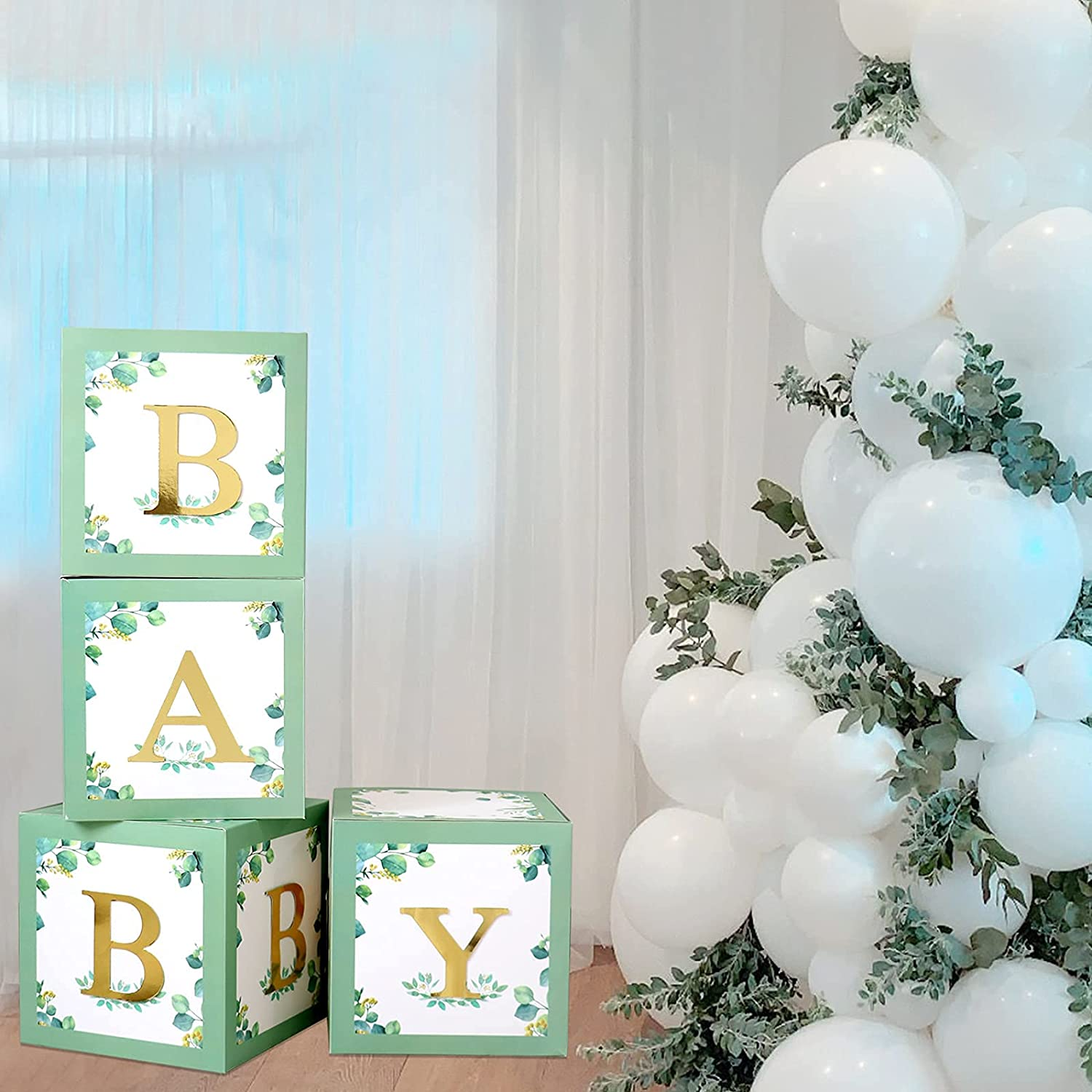 Sage Green Baby Shower Boxes for Birthday Party Decorations - 4 Large BABY Blocks with 4 Set of Gold BABY Letters,Boy Girl Baby Party Boxes for Baby Shower Backdrop,Gender Reveal Party Supplies