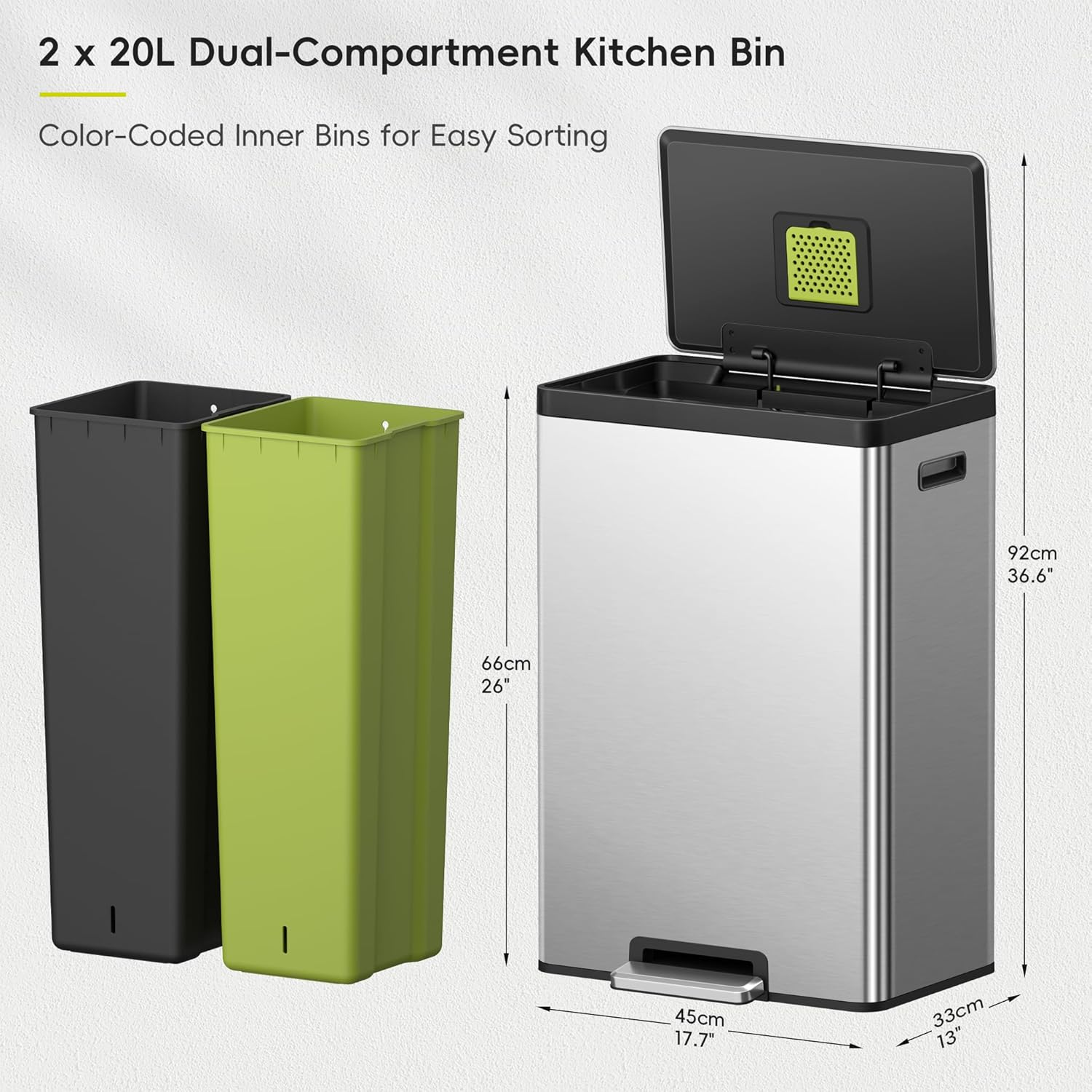 EKO Ecocasa II Rectangular Kitchen Step Trash Can, 20L+20L Dual Compartment Recycling Bins, Stainless Steel Lid and Pedal, Odor-Proof, Fingerprint Resistant image number 3