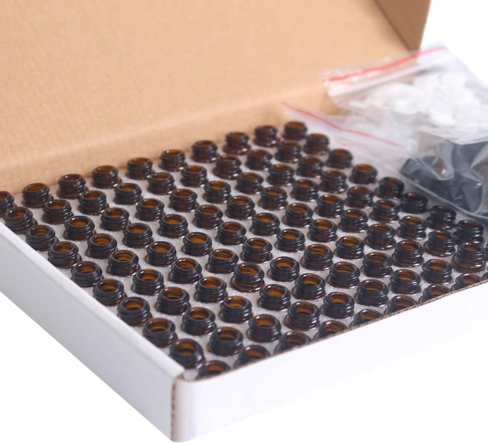 YUNFANG 100Pcs 2Ml Amber Glass Essential Oil Bottles with Black Caps for Oil, Perfume, Samples image number 4