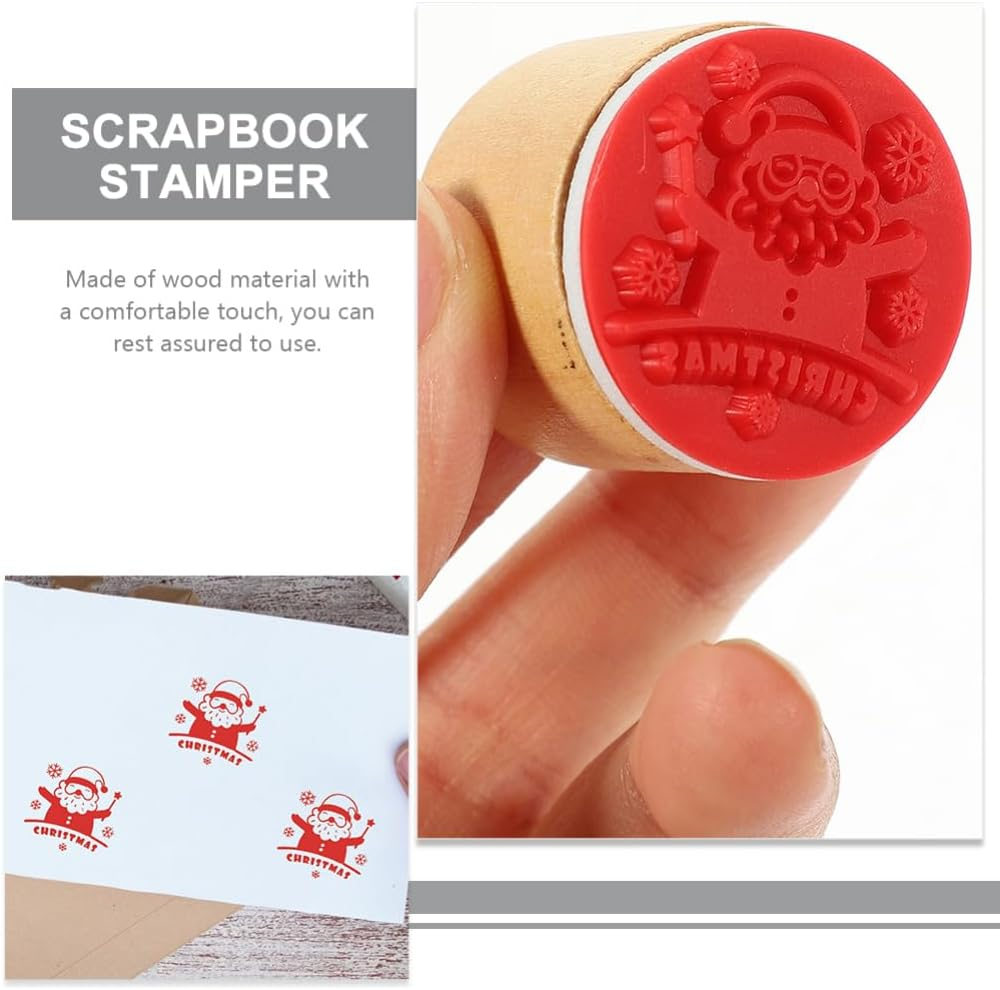 12 Pieces Merry Christmas Wooden round Rubber Stamps: Xmas Floral Craft Ink Pads Mixed Craft Stamps for Party Decor Scrapbooking Cards image number 5