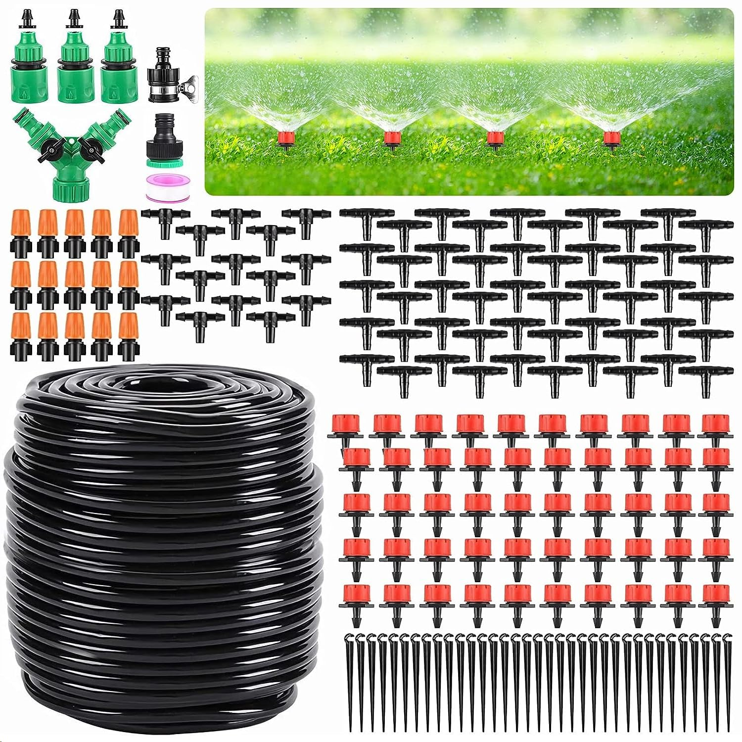 Garden Drip Irrigation Kit, 164FT/50M Greenhouse Micro Automatic Drip Irrigation System Kit with 1/4 Inch 1/2 Inch Blank Distribution Tubing Hose Adjustable Patio Misting Nozzle Emitters Sprinkler image number 3
