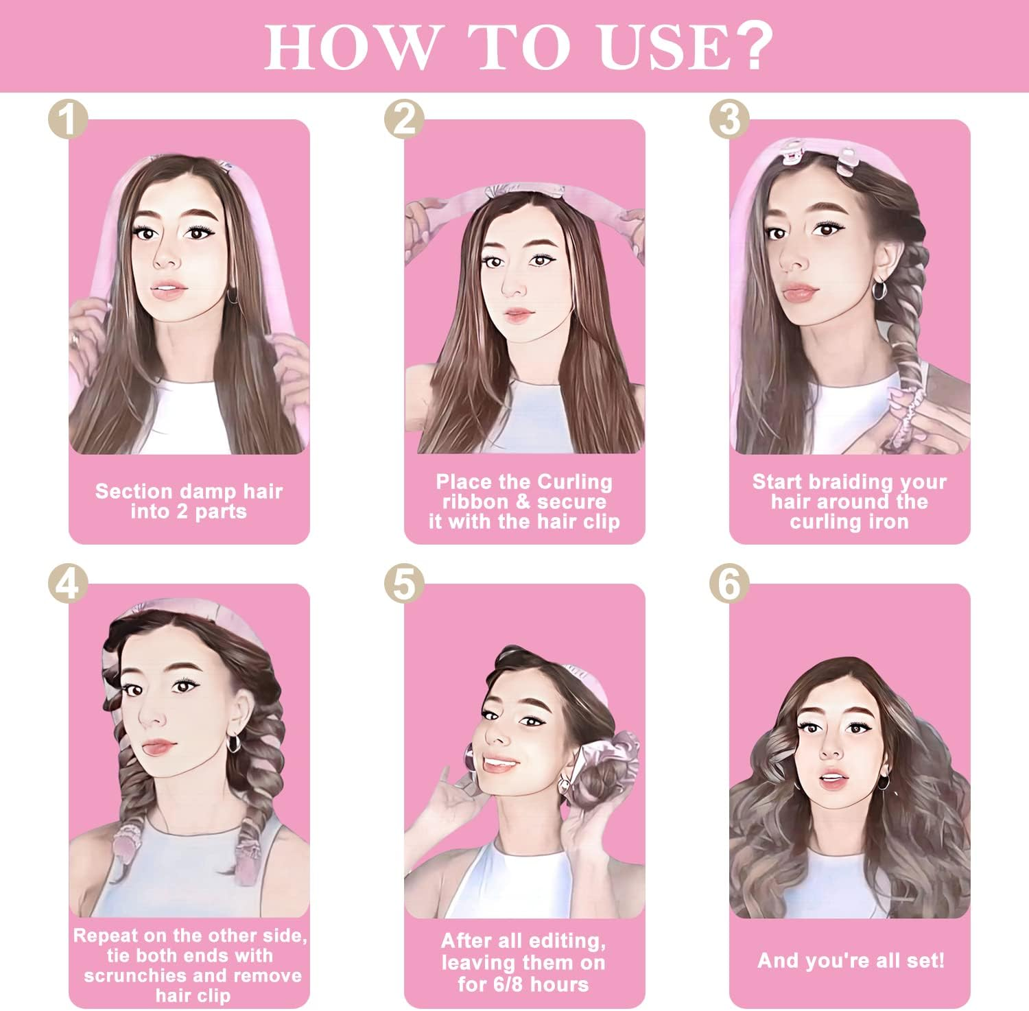 Satin Heatless Curler Set, Soft No-Damage Pearl Cotton Curling Rod Headband for Long Hair, Overnight Styling Tool with 2 Hair Loops DIY Rollers (Blue) - Pink image number 6