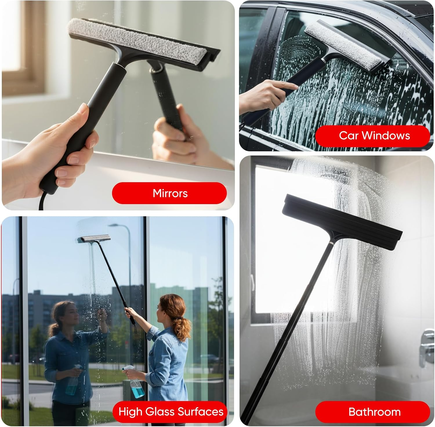 Mannicix Shower Squeegee Long Handle, Squeegee Shower Black, Squeegee Base with Holder, Extendable Shower Squeegee Long Handle 33-123 Cm for Shower, Bathroom, Mirror, Glass Cleaning image number 3