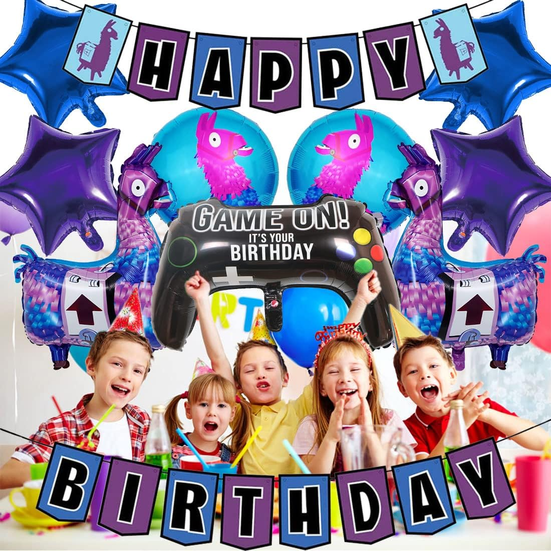 Video Game Party Balloons and Banner Set (Pack of 10) - Blue, Purple Star Foil & Paper Balloons - Gamepad, Alpaca & Star Shapes - Reusable - Perfect for Kids' Birthday Parties image number 1
