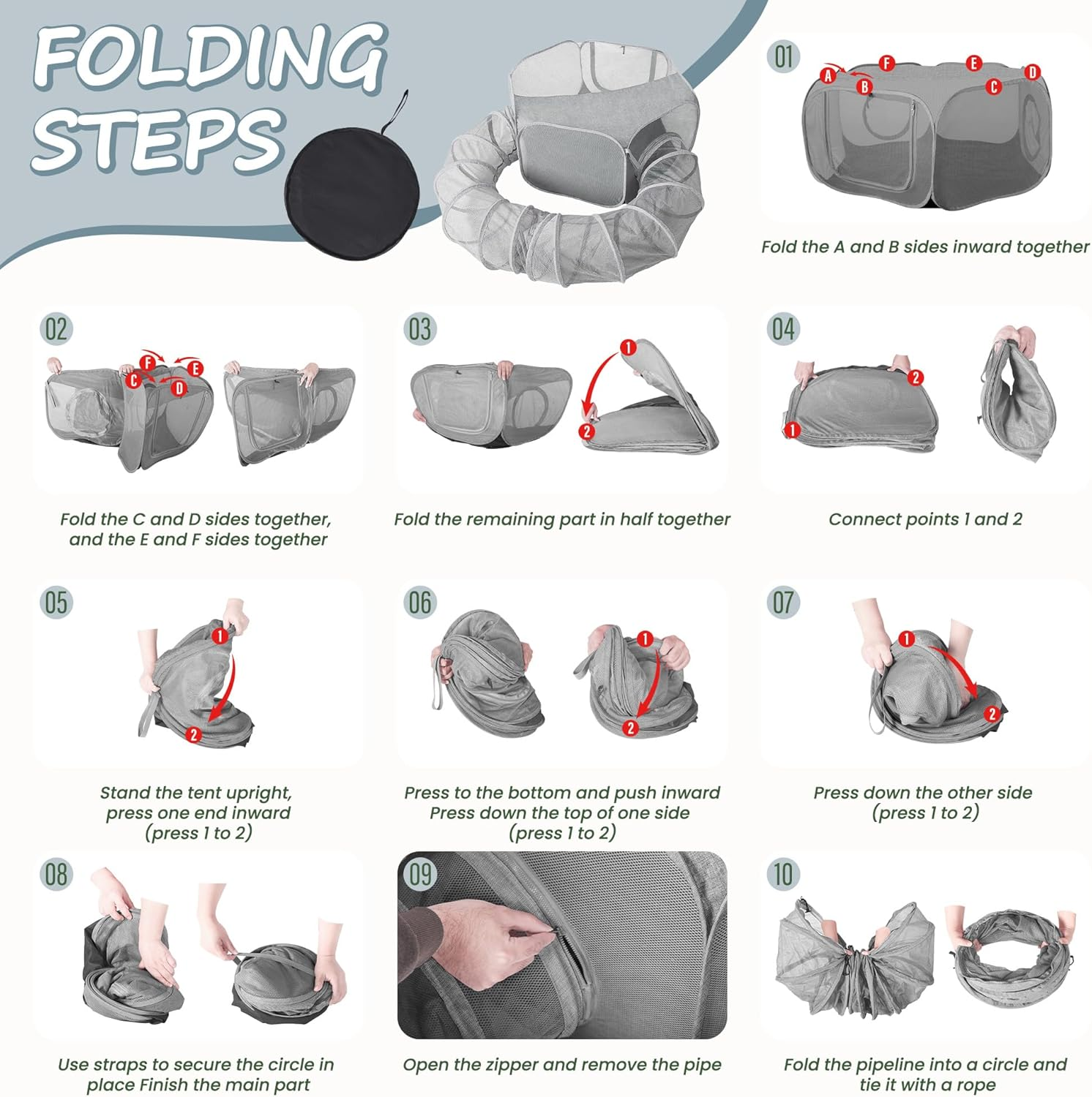 X-ZONE PET Outdoor Cat Enclosure, Portable Catio Playground, Enclosed Tent Playpen Tunnel for Indoor Cats & Small Animals, with Bag Storage 45 Inch Gray