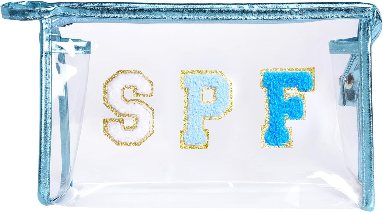 Clear Preppy Patch Makeup Bag, SPF Chenille Letter Bag for Beach, Clear Pouch with Zipper, Preppy Travel Bags Clear Cosmetic Toiletry Bag for Women Girls Teens, Blue SPF Blue - Blue Spf Blue image number 2
