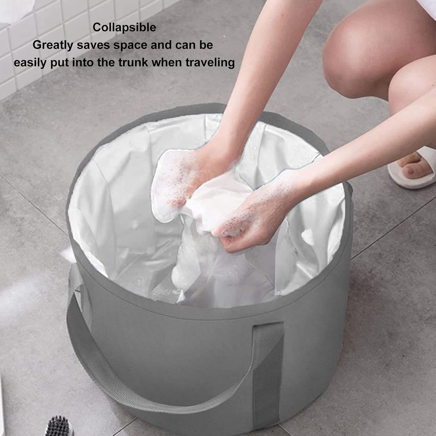 Collapsible Foot Bath Tub for Travel Camping Portable Foot Soaking Tub Foldable Double Layer Foot Bucket for Soaking Feet with Storage Bag(Grey) - Navy Blue image number 7