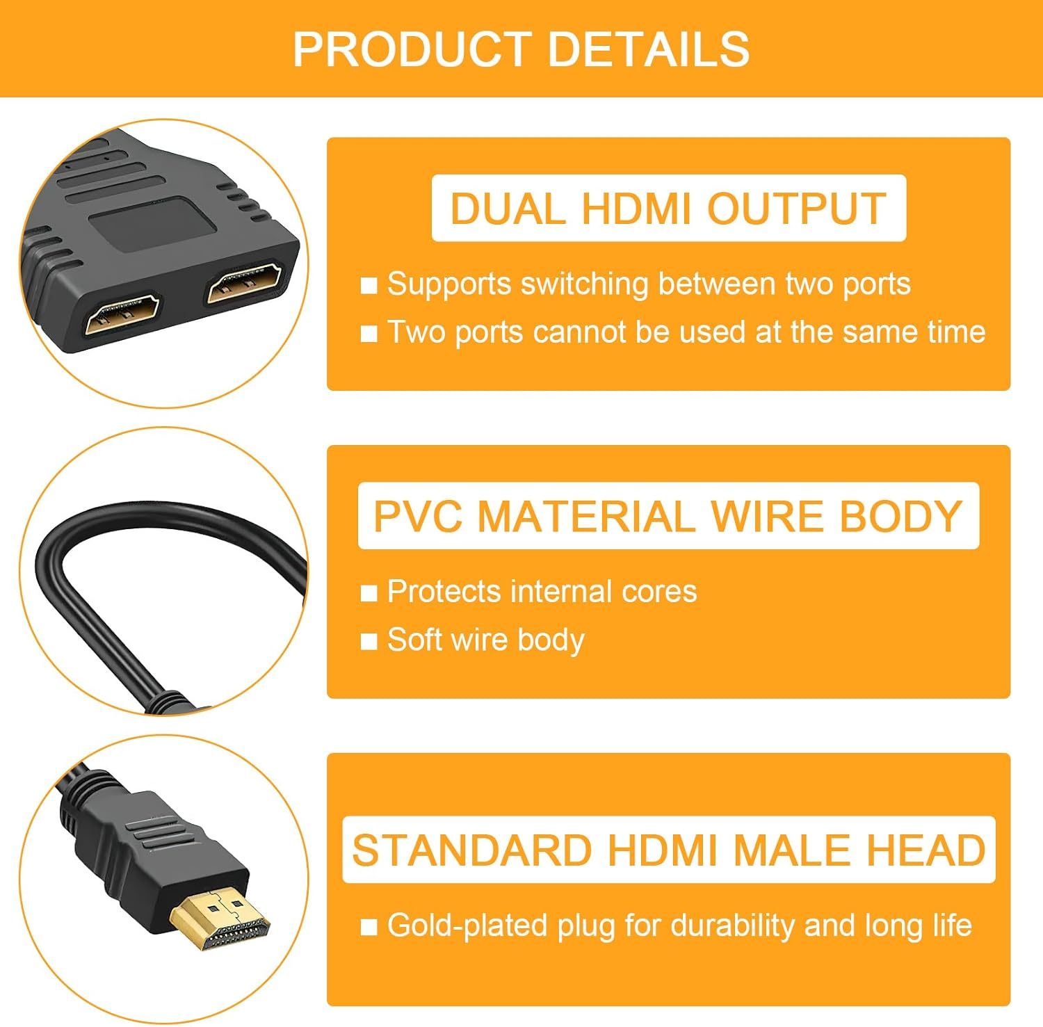 TNSLAND HDMI Splitter 1 in 2 Out Cable Supports Two Tvs Simultaneously HDMI Adapter 2 Monitors Simultaneously HDMI Cable Splitter HDMI for LCD Monitor HDTV HD LED and Projectors image number 5