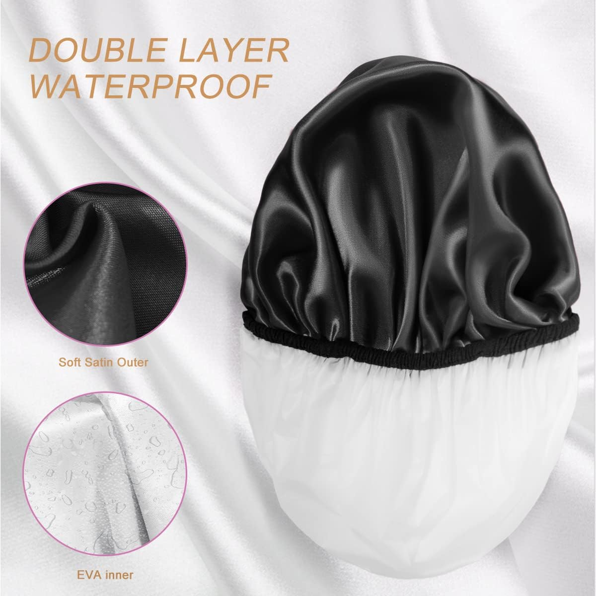 Aquior Shower Cap, Extra Large Shower Cap for Men, Satin EVA Double Layer Waterproof Reusable Hair Cap for Women Long Hair(All Black 4 Pack) image number 4
