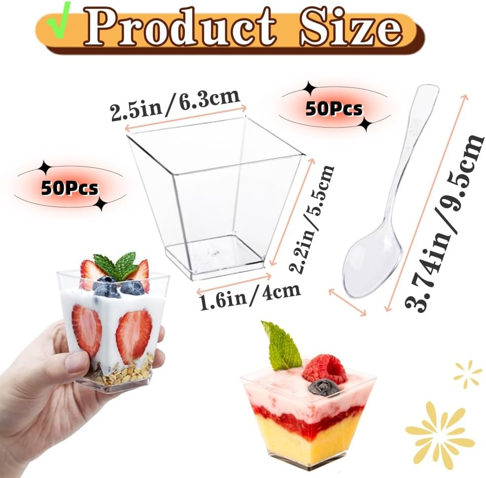50 Pcs Square Dessert Small Cups, Reusable Mini with Spoons Clear Plastic Smal Party Appetizer Cups Parfait Yogurt Mousse Jelly Pudding Fruit Ice Cream image number 5