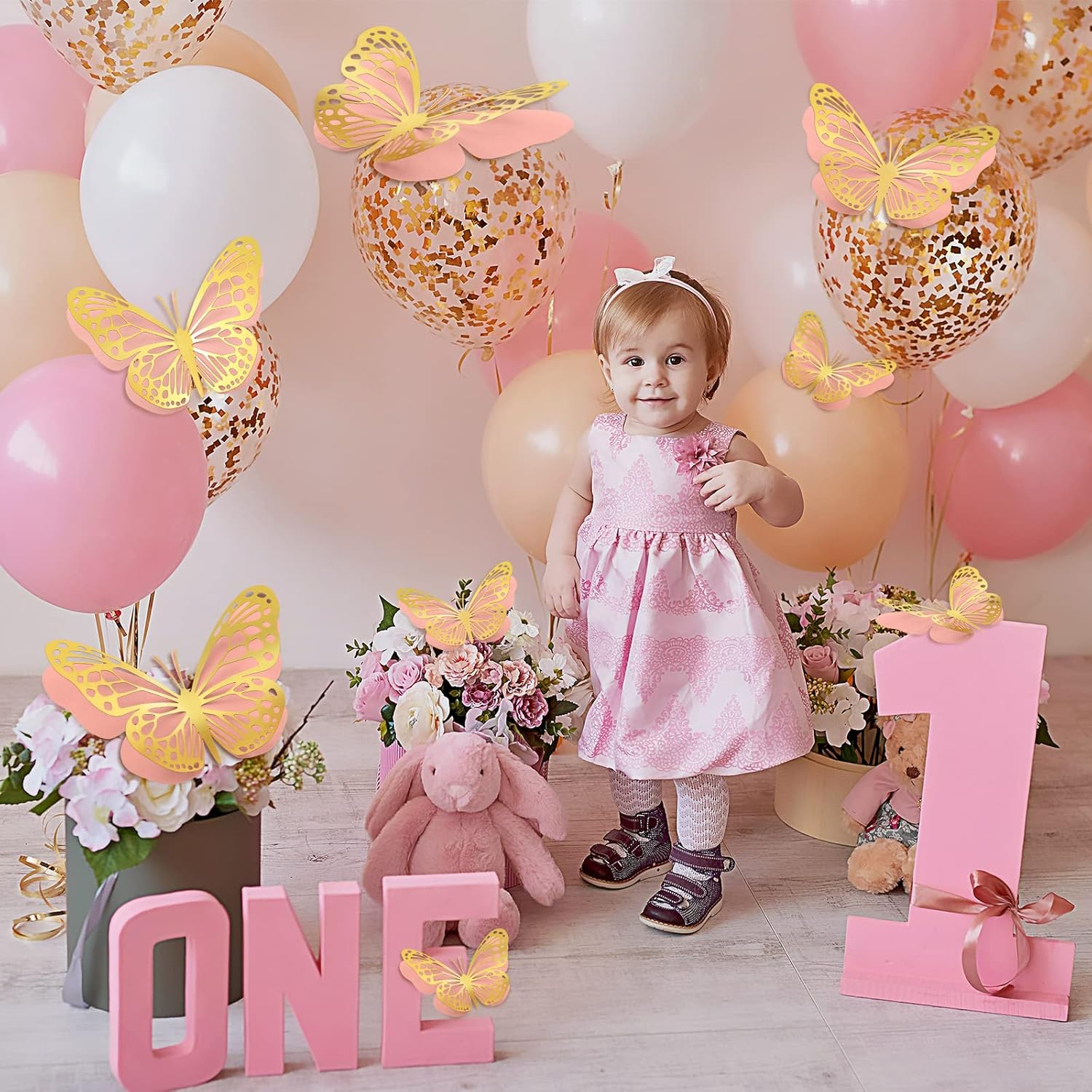 Geosar 20 Pcs 3D Large Butterfly Party Decoration 2 Layer Giant Paper Butterfly Stickers Big Butterfly Wall Decoration Set Large Butterfly for Birthday Baby Shower Nursery (Gold,Pink)