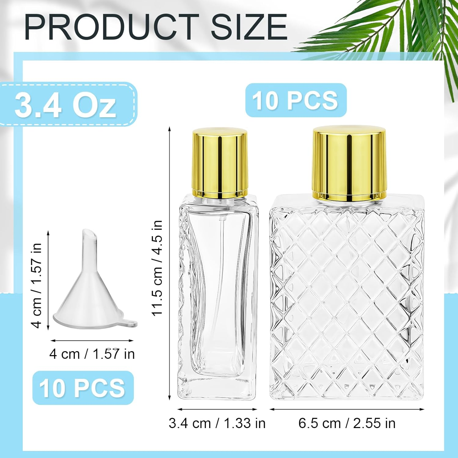 Malloom 10 Pack Refillable Glass Perfume Bottles, 100Ml/3.4 Oz Empty Perfume Bottles Clear Glass Fine Mist Atomizer Spray Bottle with 10 Funnel for Essential Oils Travel and DIY Fragrance image number 5