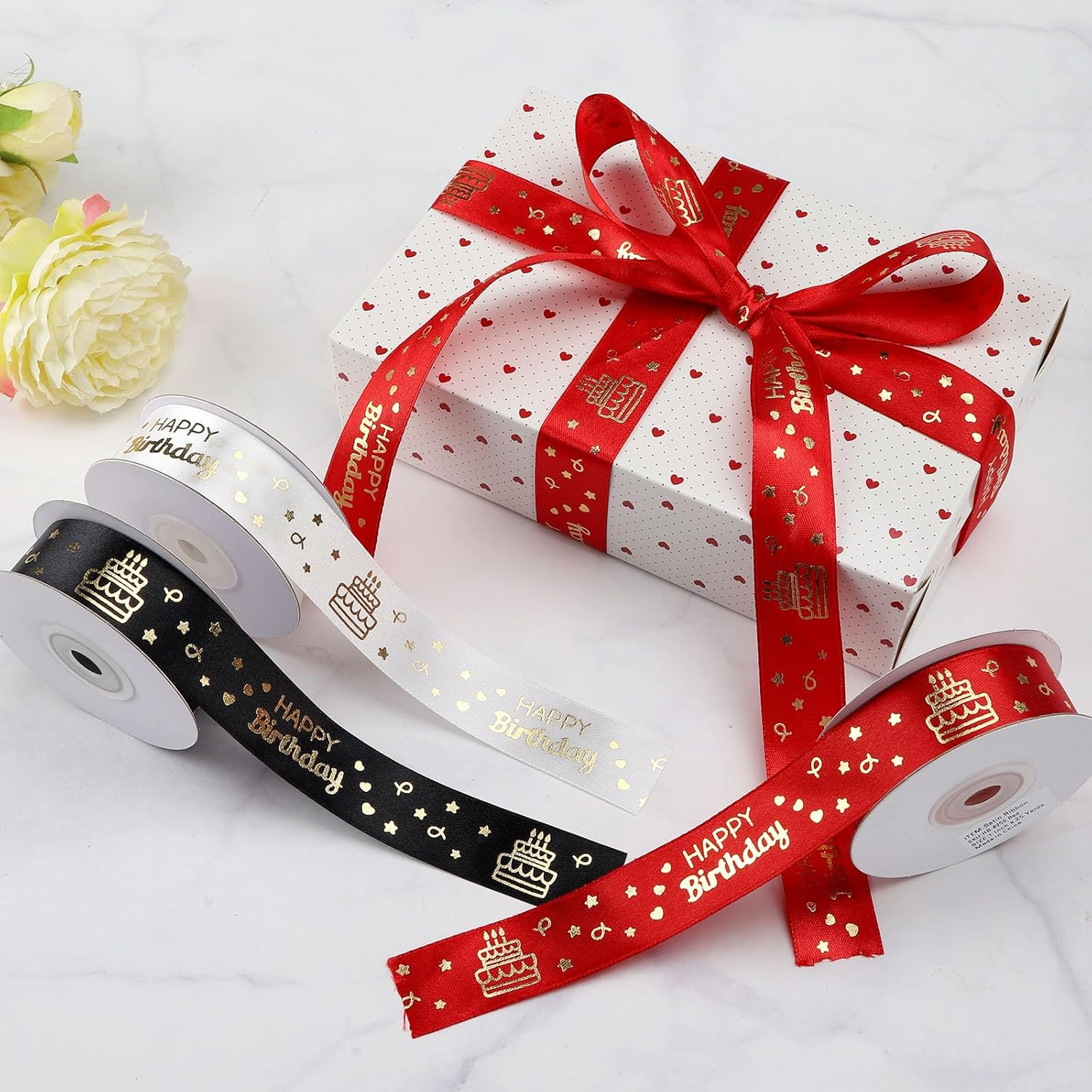 IHKFILAN Satin Ribbon for Gift Wrapping, 1 Inch 25 Yards Happy Birthday Ribbon, Polyester Ribbon with Gold Letters for Invitations Bouquets Birthday Parties Weddings DIY Bows (Black, Happy Birthday) image number 5