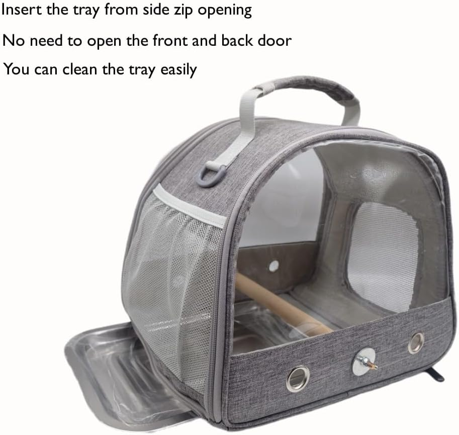 Bird Travel Carrier with Stand Perch and Stainless Tray,Portable Small Bird Parrot Parakeet Cockatiel Carrier for Hiking,Airline Approved. (Grey) image number 1