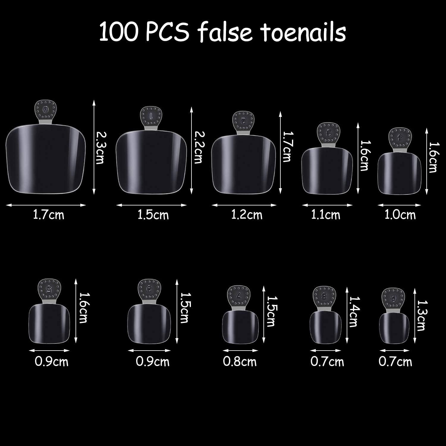 100 Pcs Fake Toenails,10 Different Sizes Clear Toe Nails False for Nail DIY and Nail Salo with Storage Box image number 3