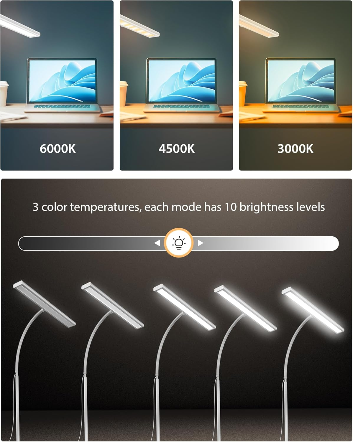 Clamp Desk Lamp with Adjustable Brightness, Eye-Caring LED, Rotatable Head, USB Powered, Space-Saving Design for Office, Reading, Work, and Home Desktop Lighting - White image number 1