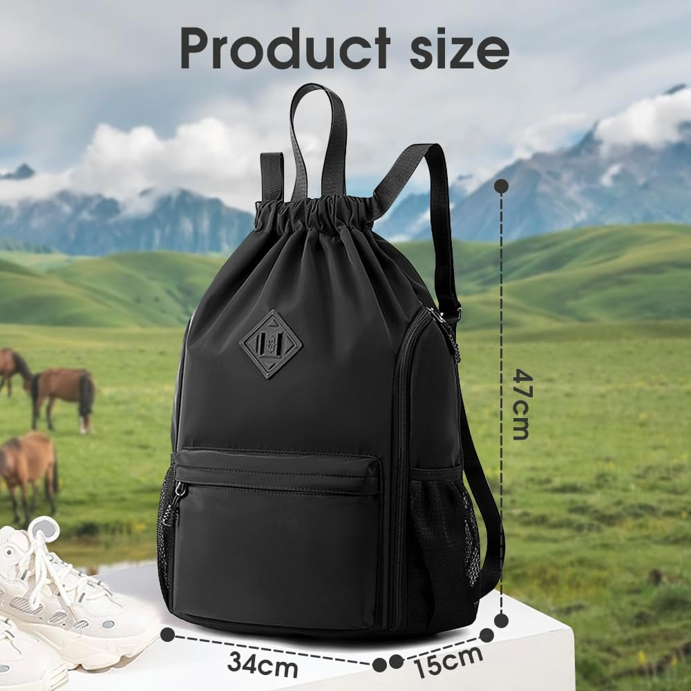 Sonicefit Drawstring Backpack Sports Gym Bag, Water-Resistant String Bag Cinch Bag with Shoe Compartment & Side Pockets for Adults Kids, Lightweight Sackpack for Yoga Beach Swimming Travel