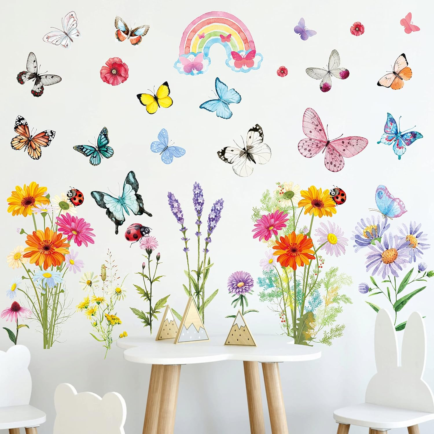 Flower Wall Stickers Colorful Butterfly Wall Stickers Daisy Rainbow Wall Stickers for Girls Bedrooms Living Room Decoration image number 1