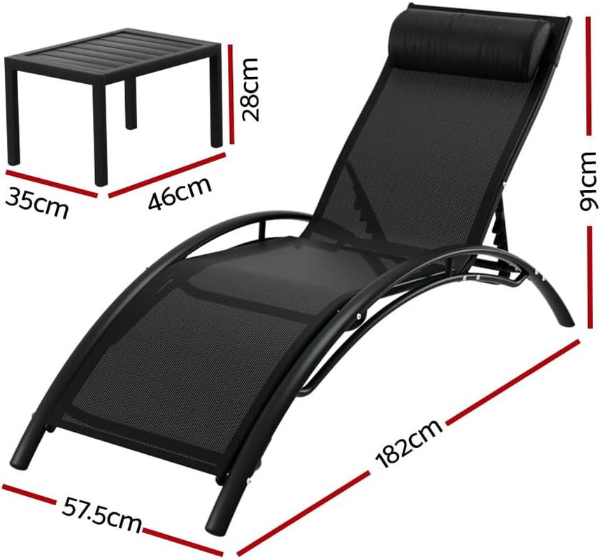 Gardeon 3Pcs Sun Lounge with Table, Camping Chair Lounger Day Bed Chaise Beach Chairs Outdoor Furniture Garden Patio Setting Pool Backyard, Adjustable Backrest Black image number 4