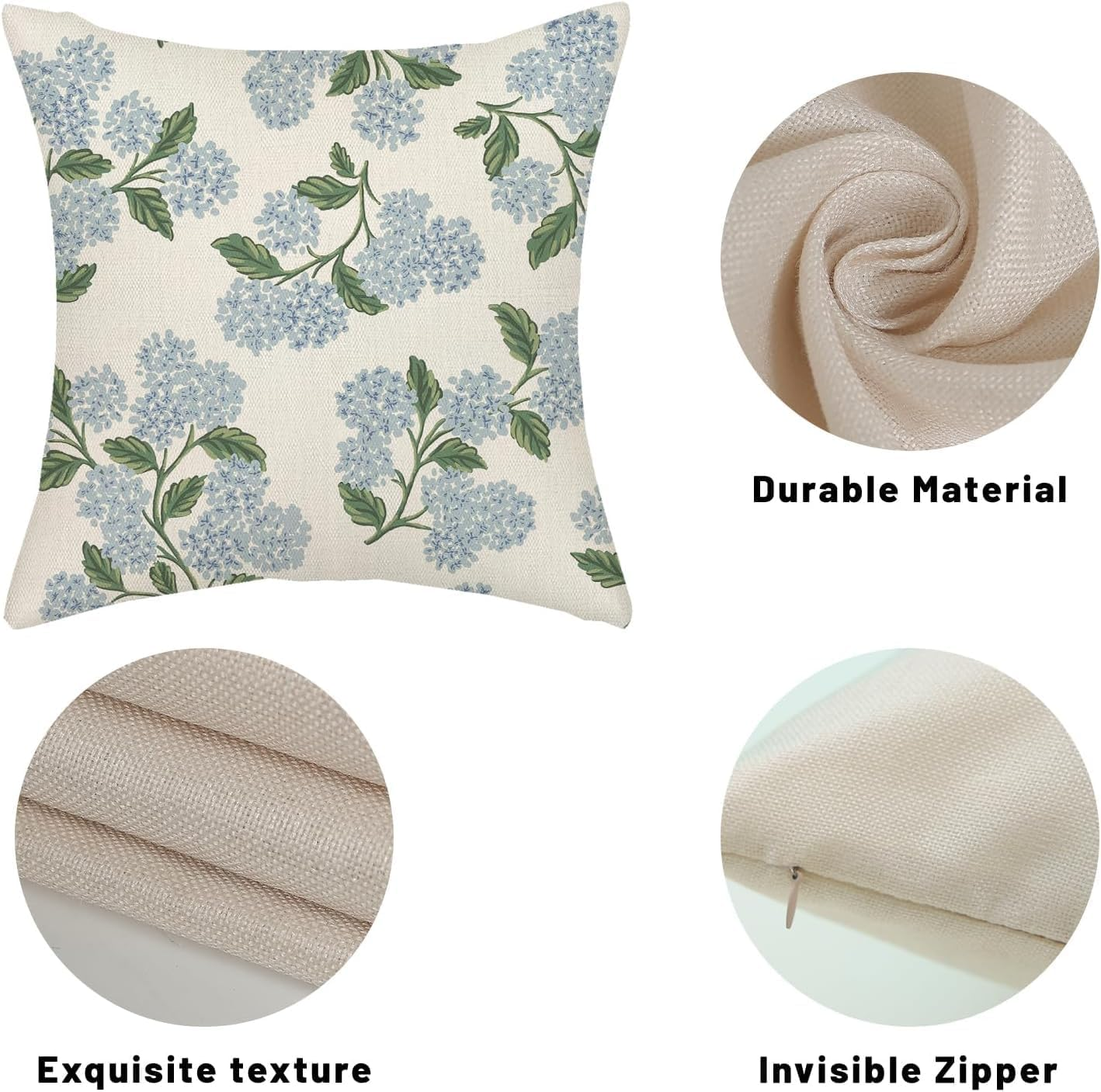 Spring Pillow Covers 18X18 Inch 2 Pcs Blue Green Hydrangea Flower Decor Throw Pillows Vintage Floral Seasonal Summer Outdoor Decoration Pillowcase Linen Cushion Cover for Couch Sofa